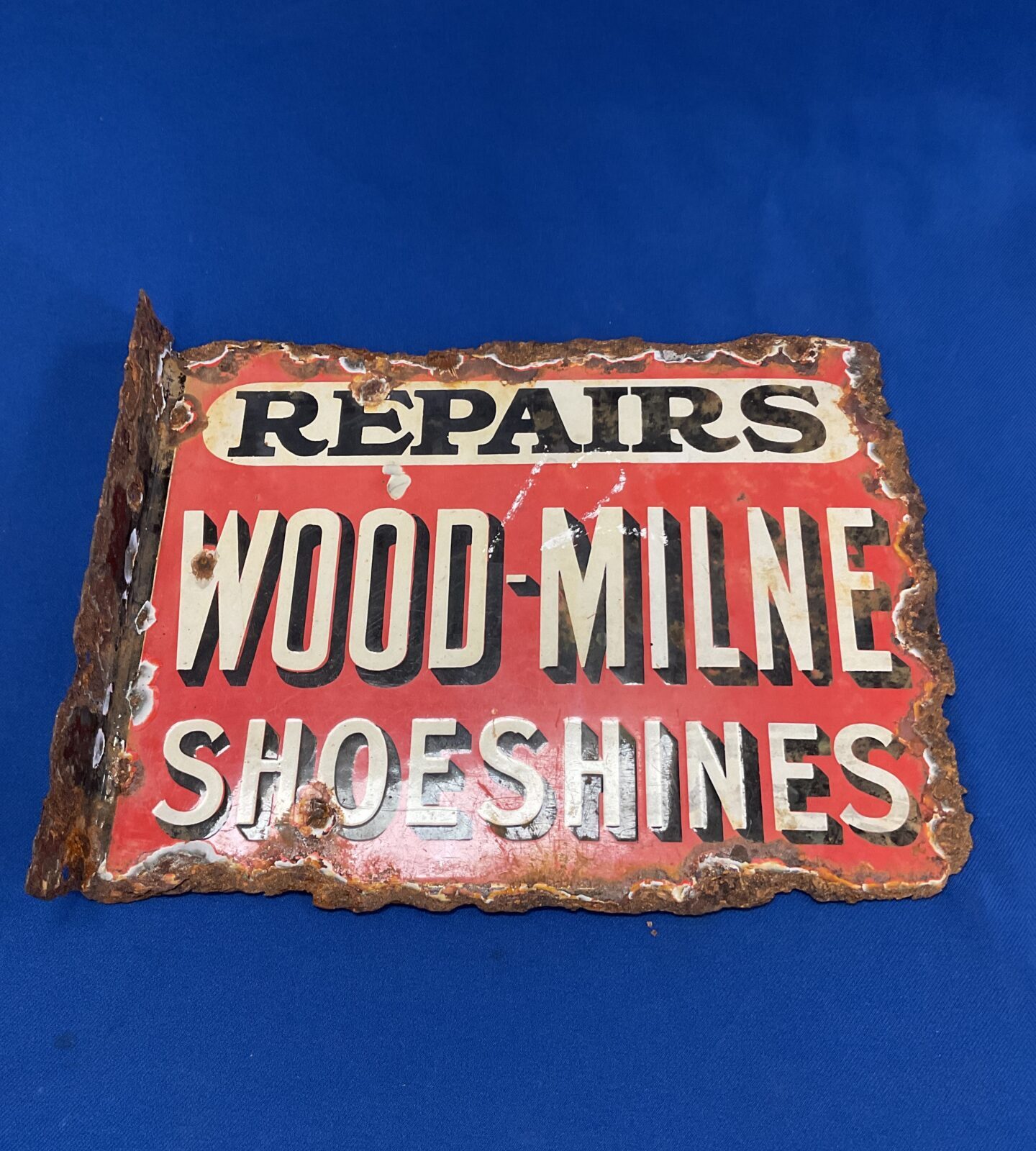 Vintage double sided enamelled wood-milne shoeshines repairs sign