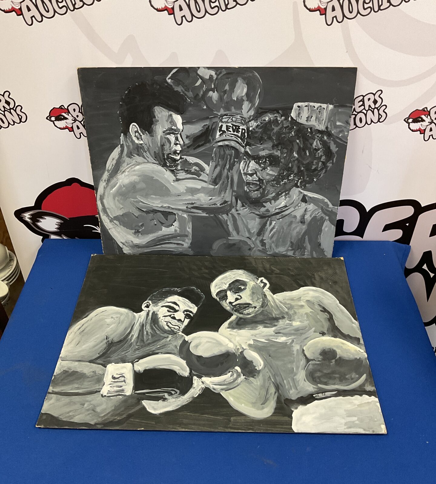pair of pugalist oil paintings on board of boxers