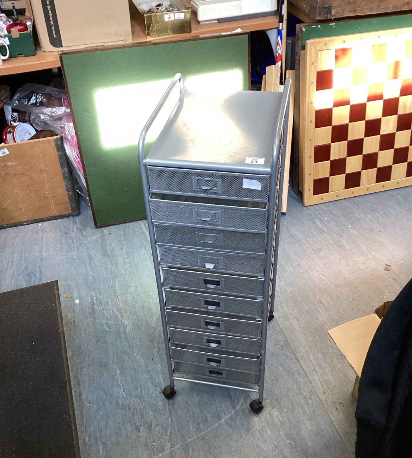 Metal ten drawer wheeled storage unit