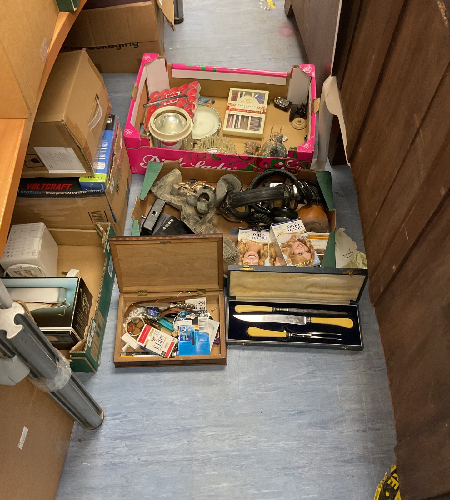 Two boxes of mixed items inc goodmans radio, channel hair colours, silverplate cutlery set, small wooden box of moxed contents to inc coins, watch, knife and other