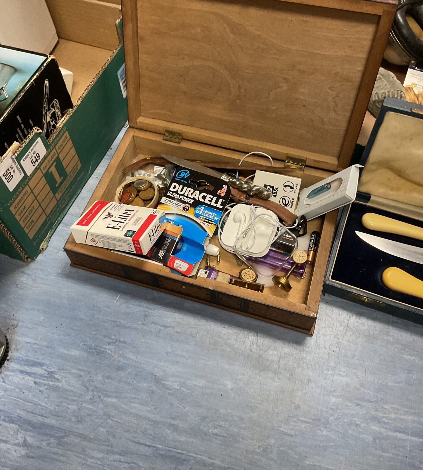 Two boxes of mixed items inc goodmans radio, channel hair colours, silverplate cutlery set, small wooden box of moxed contents to inc coins, watch, knife and other - Image 2