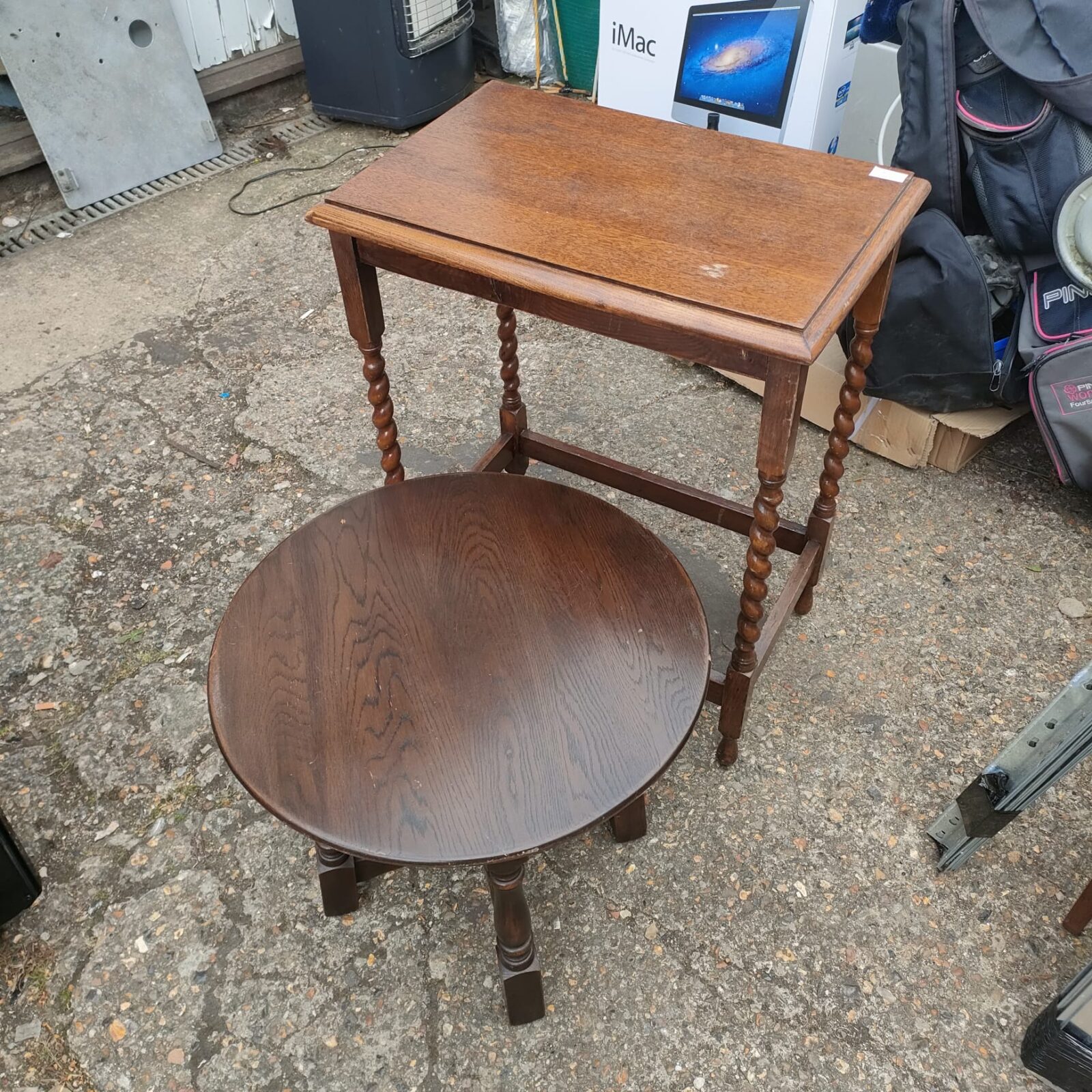 Barley twist hall table with small round oak magazine table