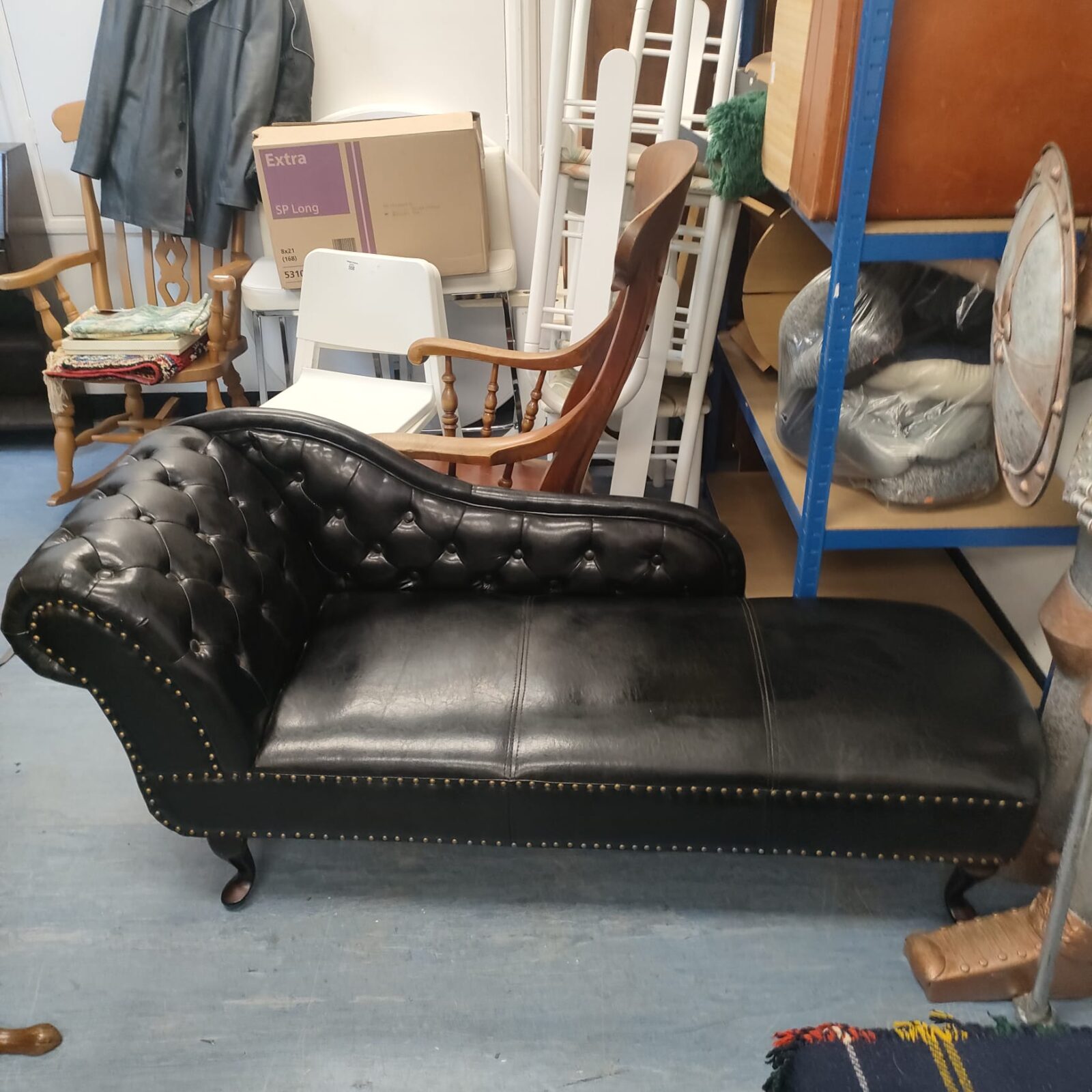 Black leatherette chaise lounge sofa