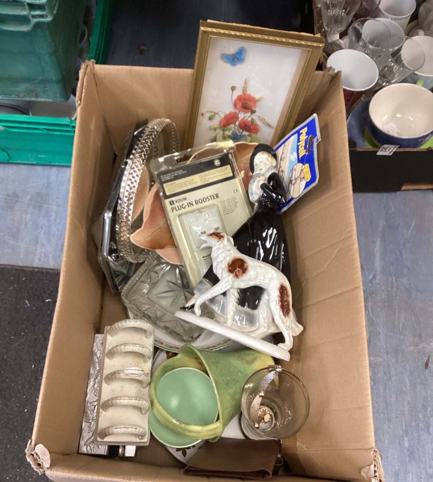 Box of mixed items inc lady and dog Figurine