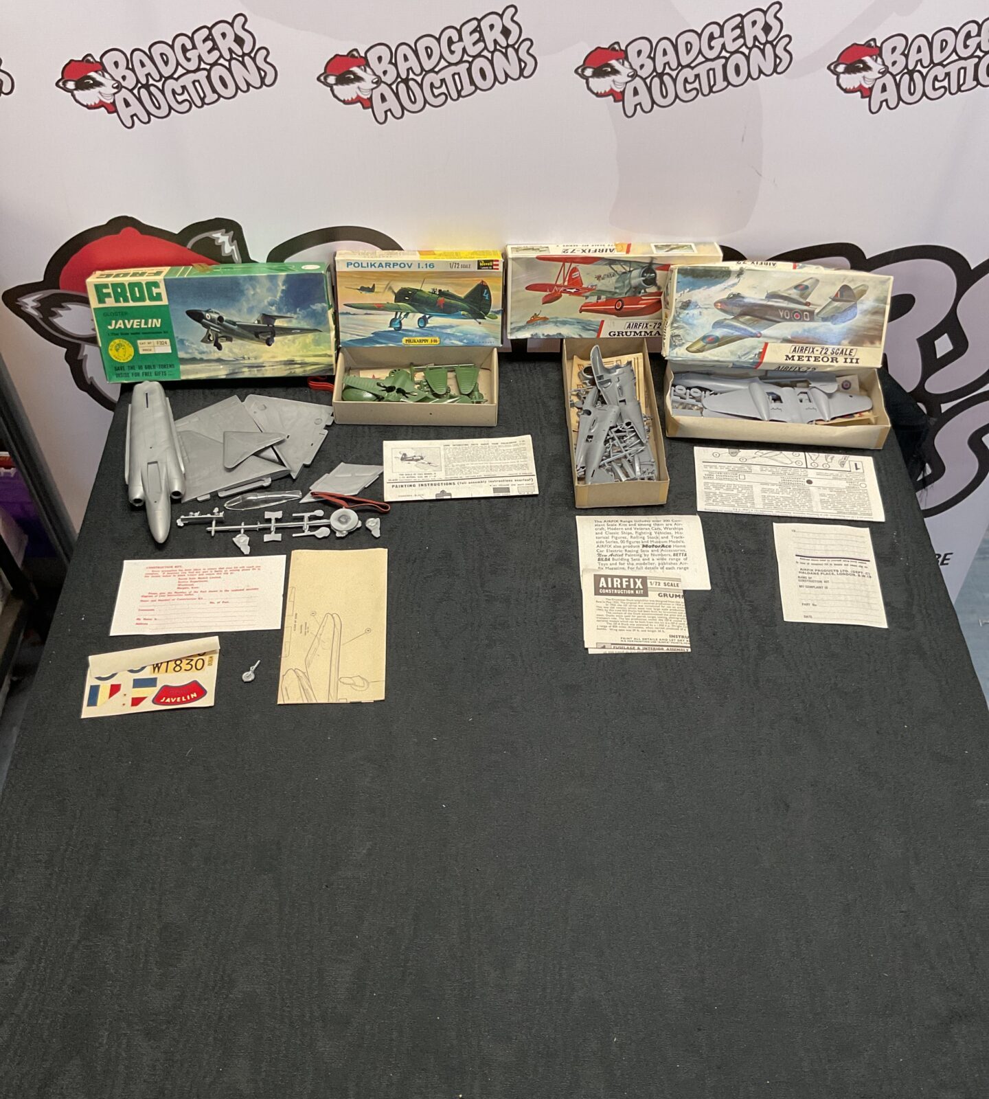 Four vintage boxed model kits inc airfix-72 grumman duck and meteor III, Revell polikarpov I.16 and froc goster javelin