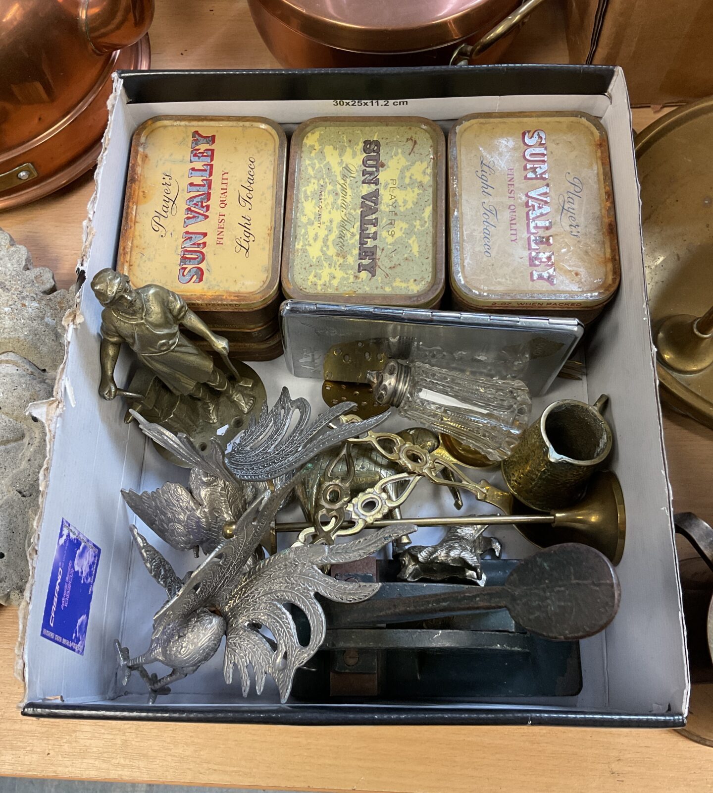 Box of mixed metalware inc fighting cocks & sterling silver topped salt pot