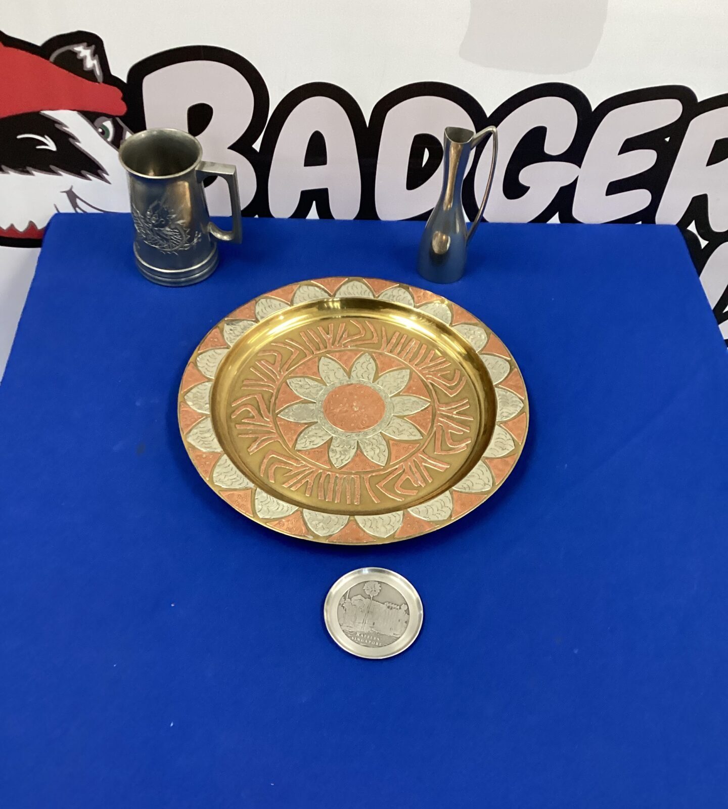 Copper decorative plate with pewter tankard and slim jug