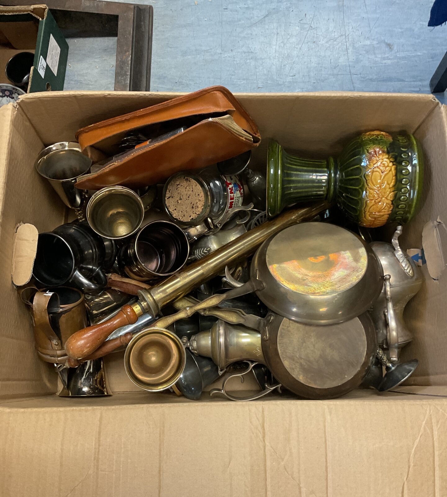 Large box of brassware & silver plate including west german vase