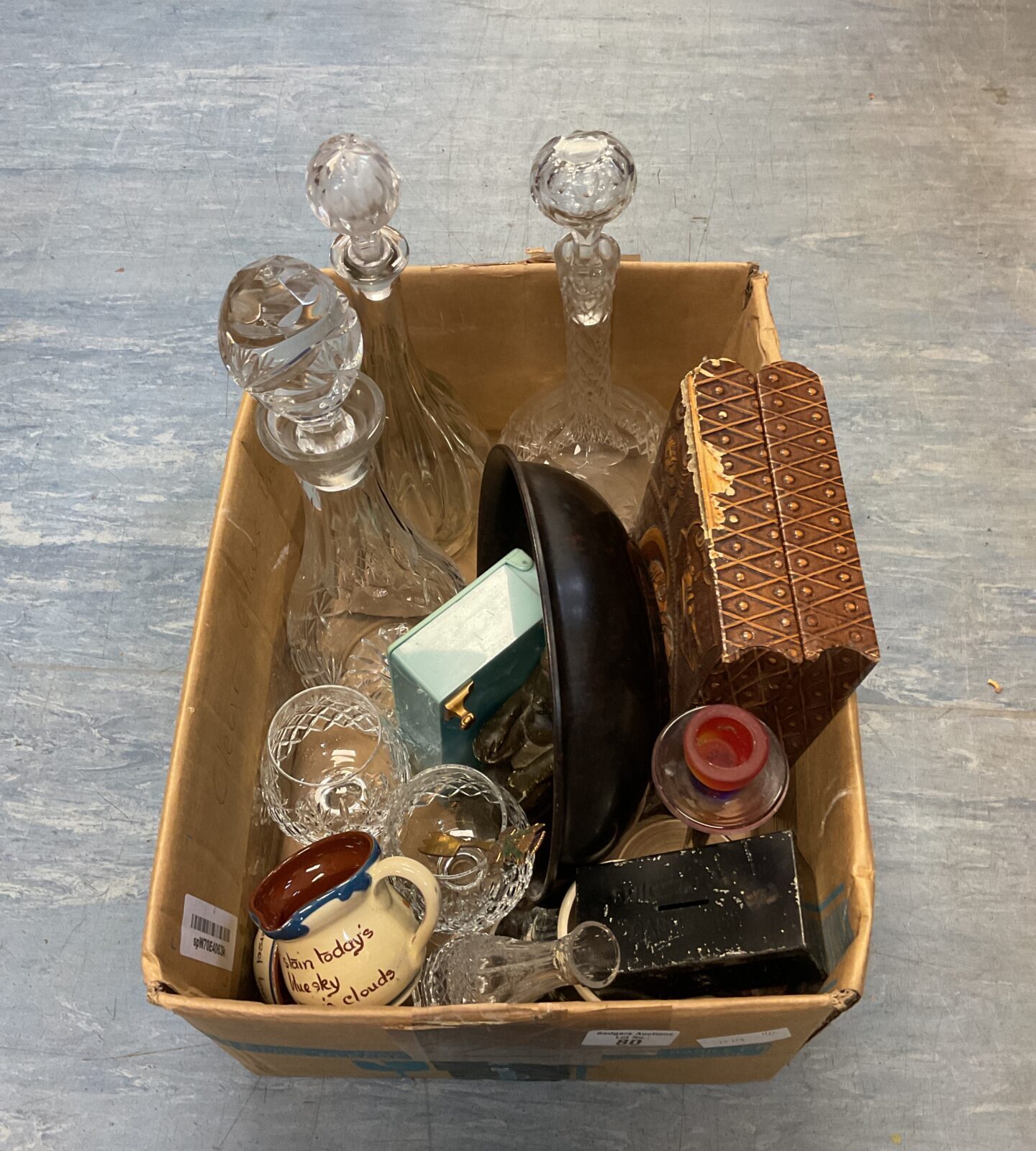 Box of mixed including crystal decanters & bakelite bowl