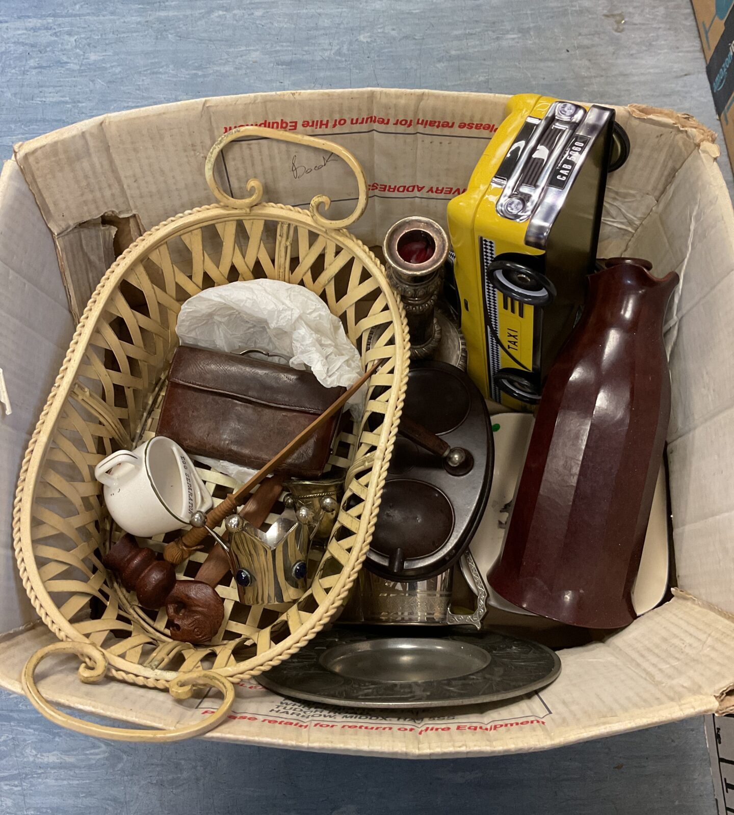 Box of mixed including bakelite pen stand & flask