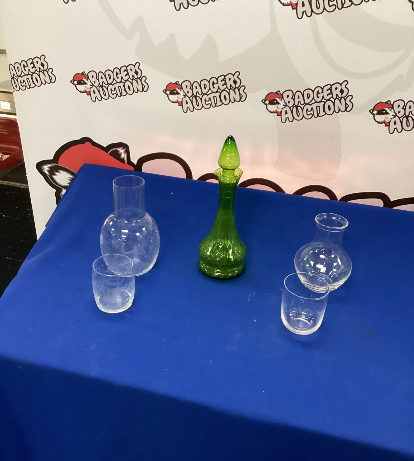 Two water jugs and tumblers plus Green Decanter
