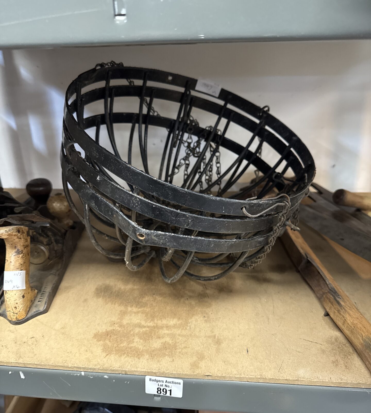 Three vintage wrought iron hanging baskets 12” diameter approx