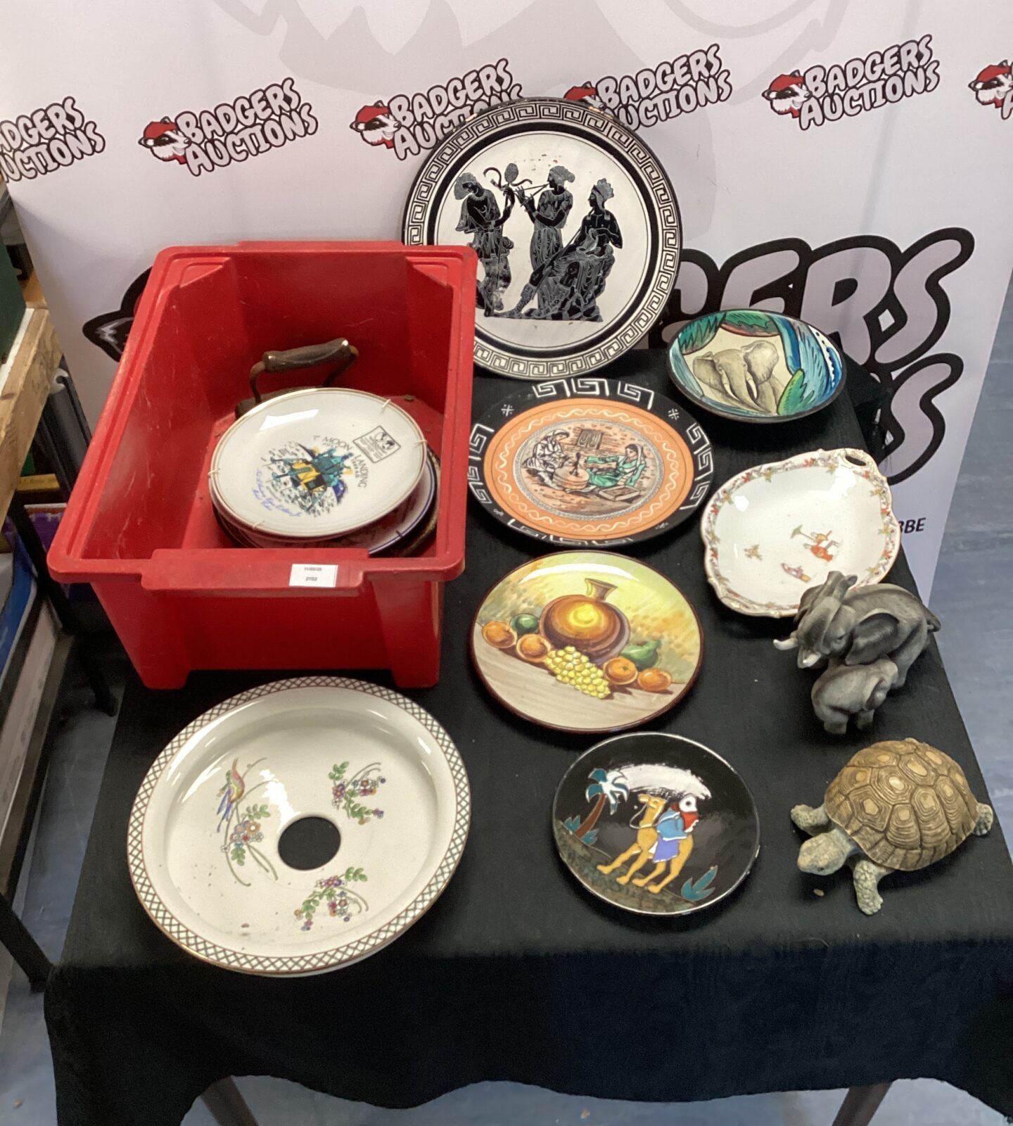 Box of mixed decorative plates inc african & greek plates & a L. Bernardaud & Co. For Waring & Gillow