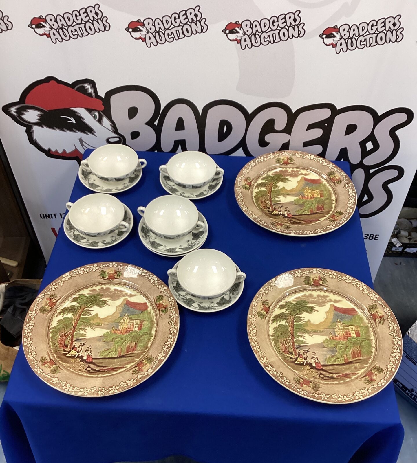 Wedgewood soup bowls and Staffordshire pottery plates