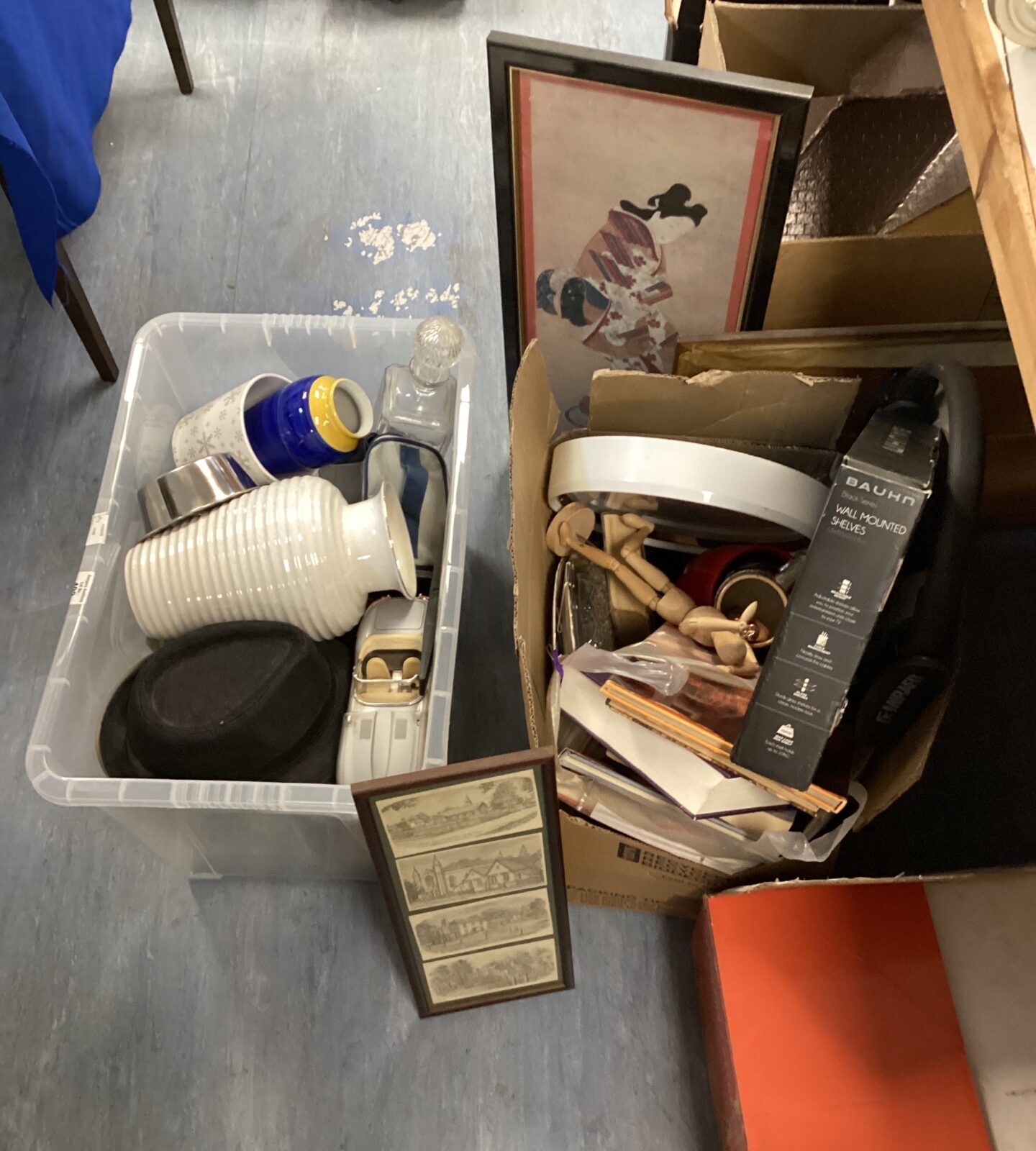 Two boxes of mixed house clearance inc bauhn glass shelf unit