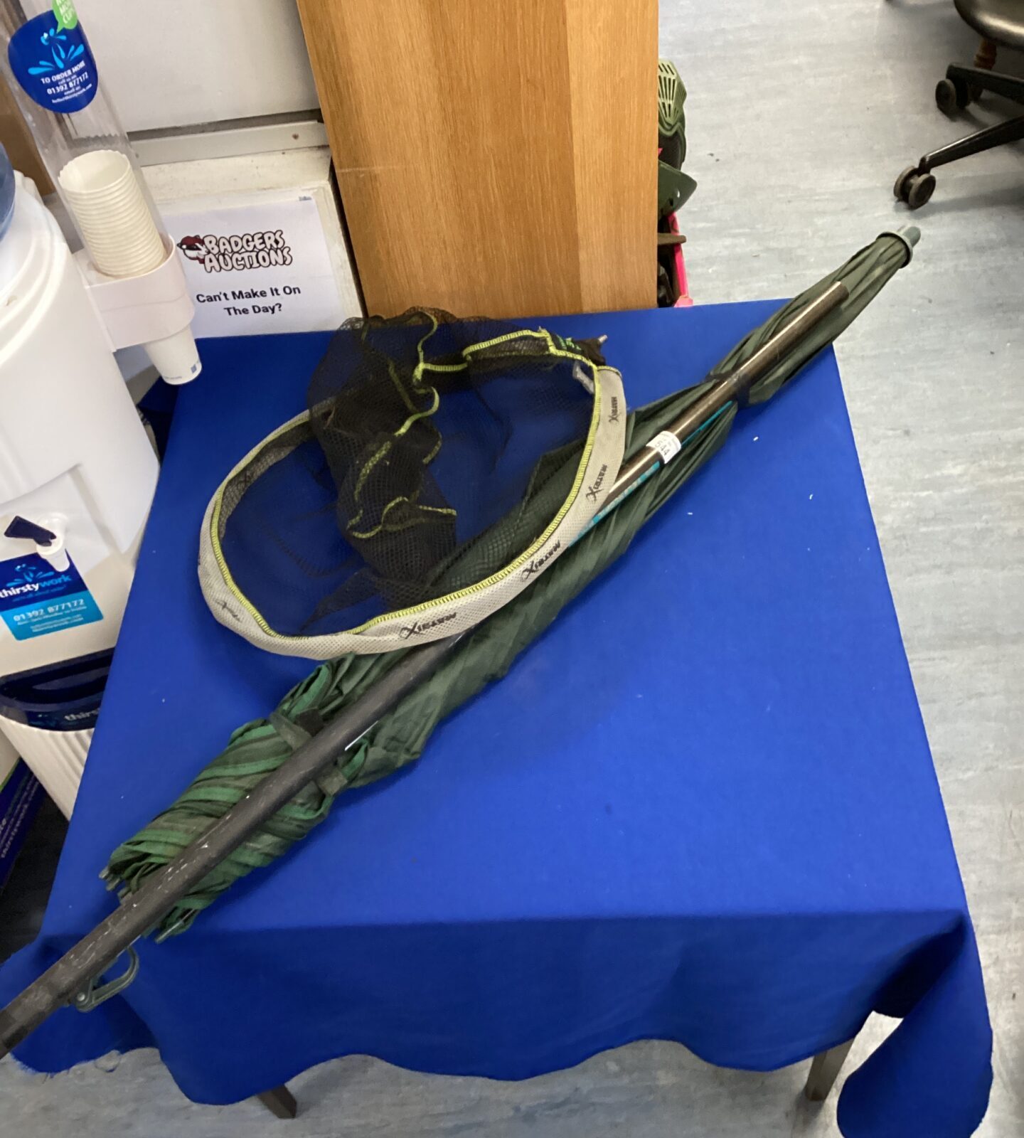 fishing brolley, fishing net & whip