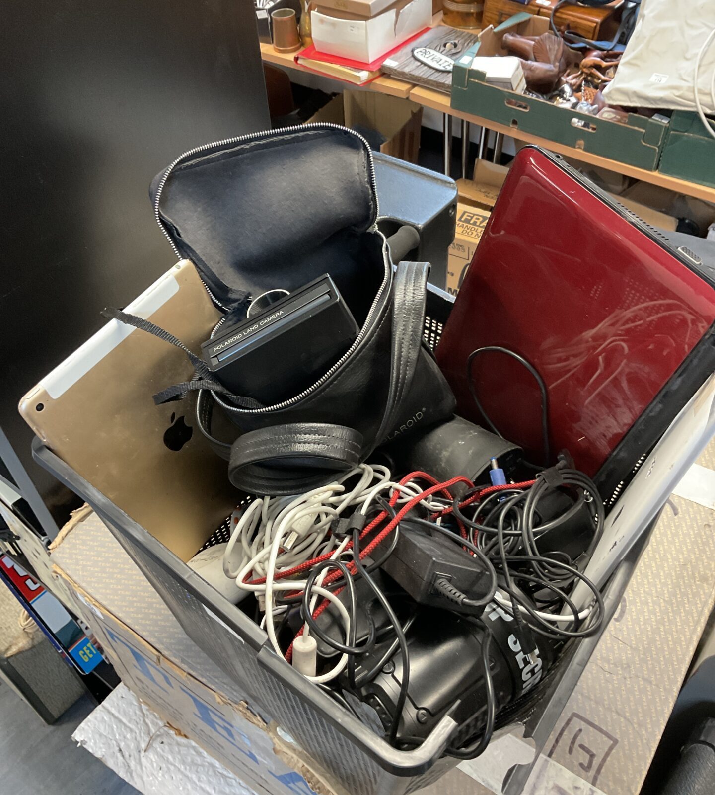 Box of electricals including apple ipad & polaroid camera