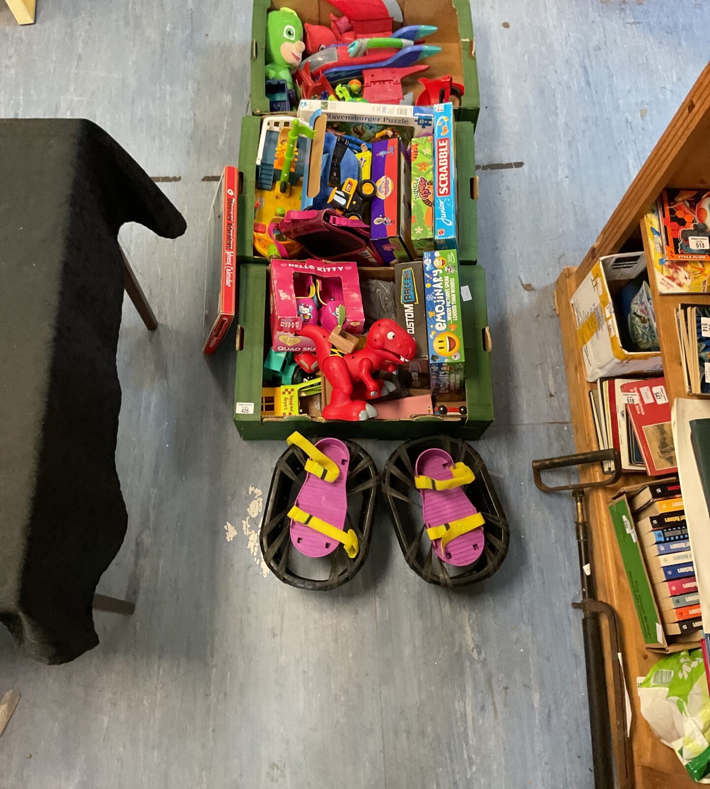 Three trays of mixed toys inc pj masks figures and ship, selection of board games and other toys