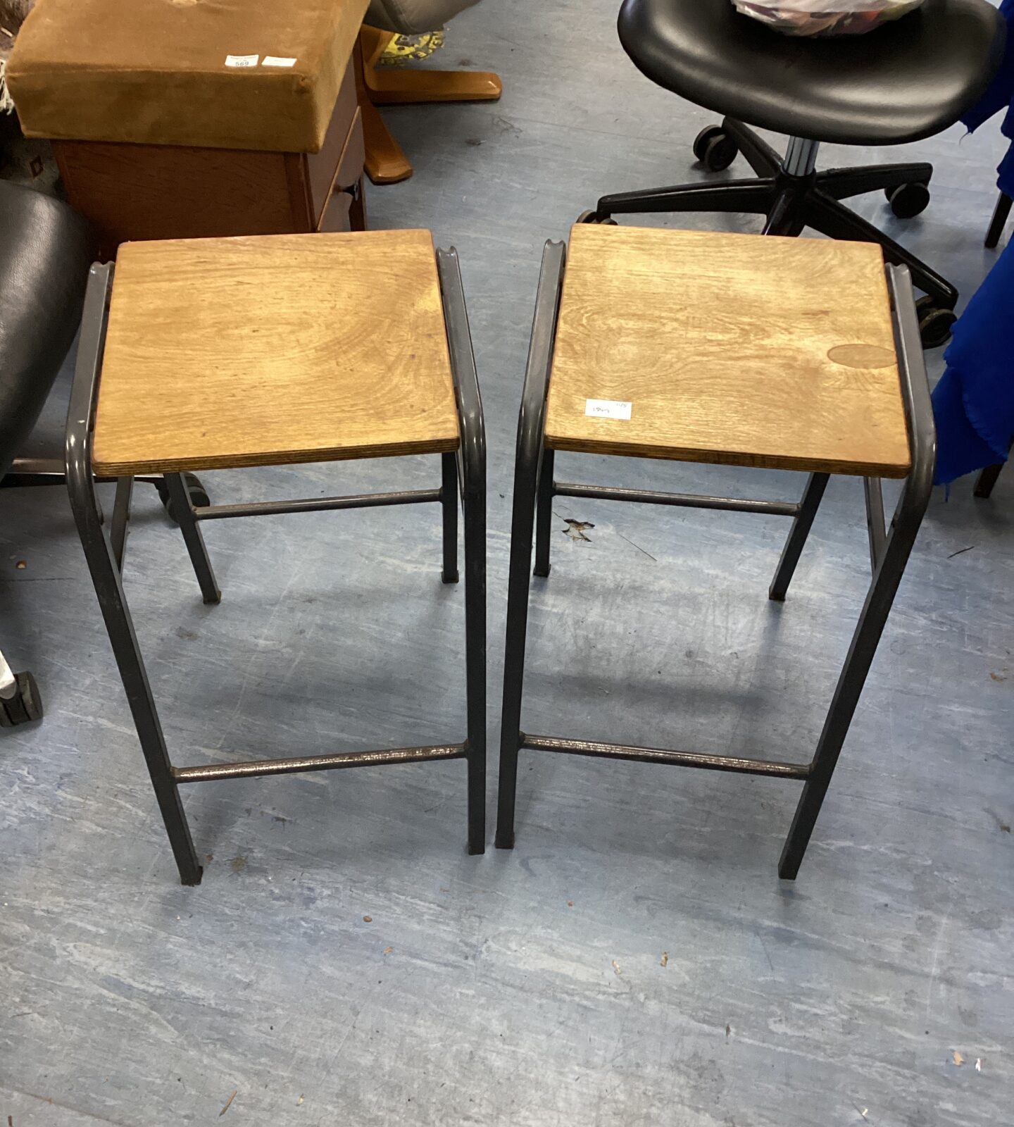 Two wooden & metal stools