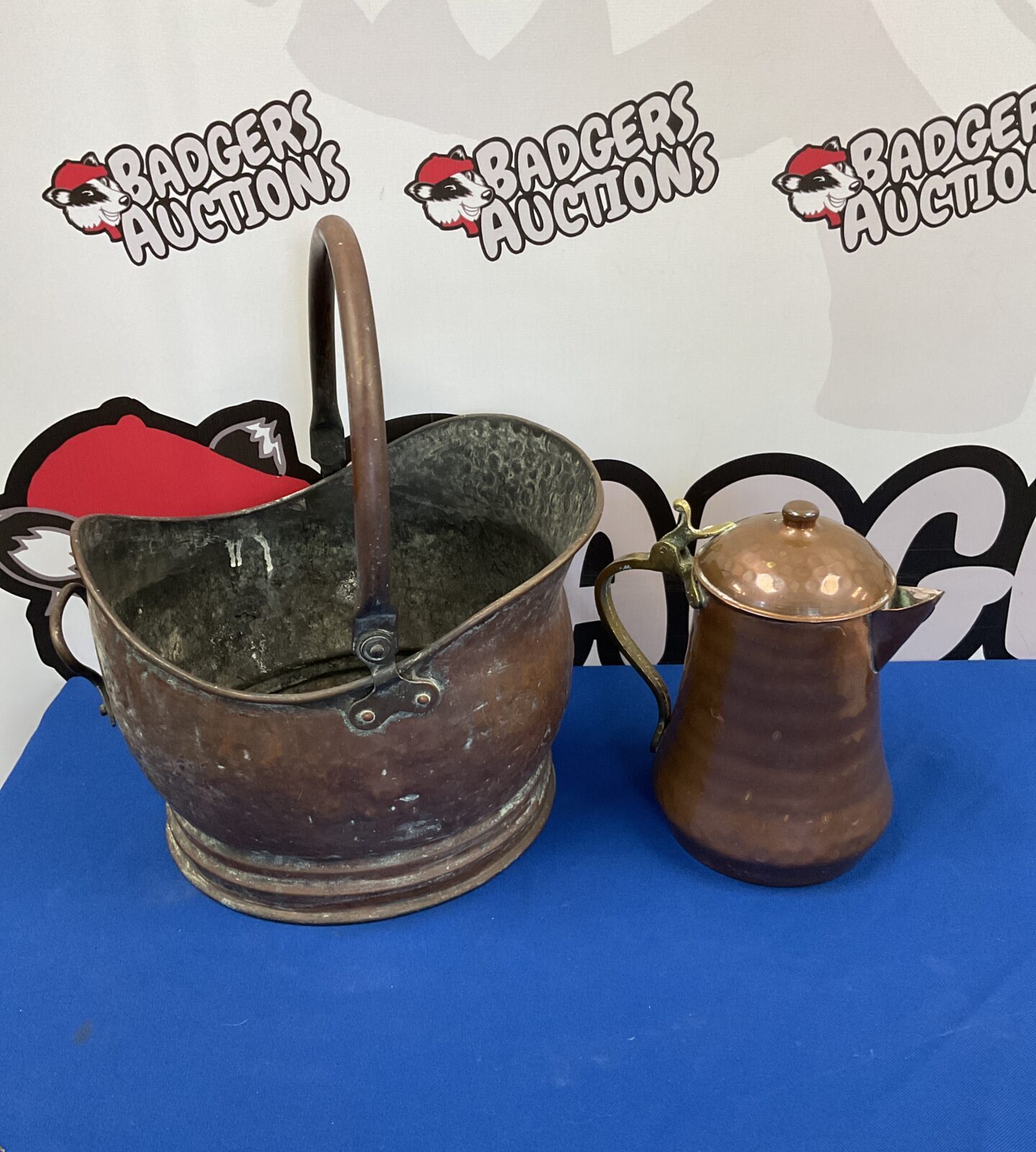 Vintage copper coal scuttle & jug
