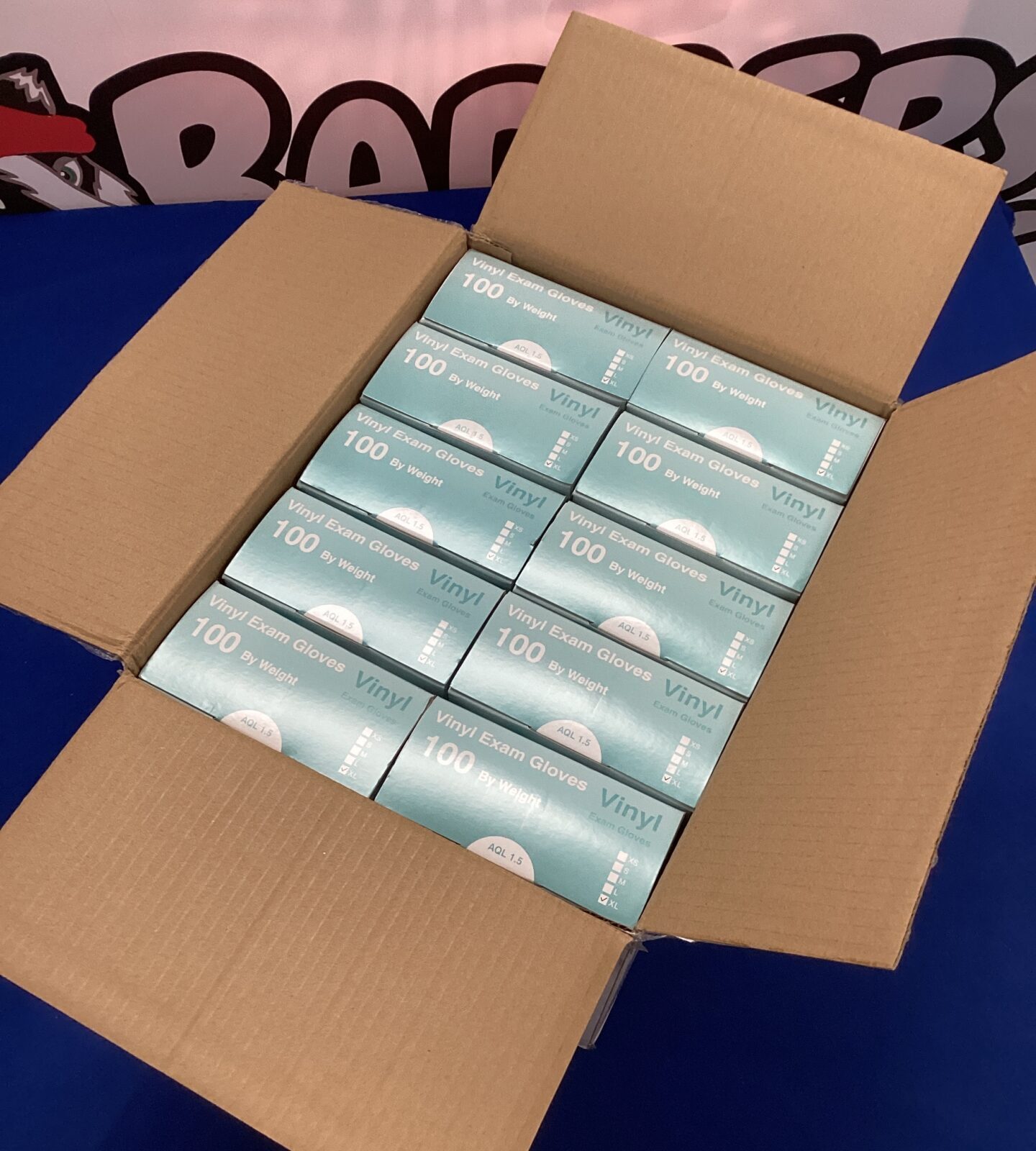 Ten boxes of new XL vinyl exam gloves