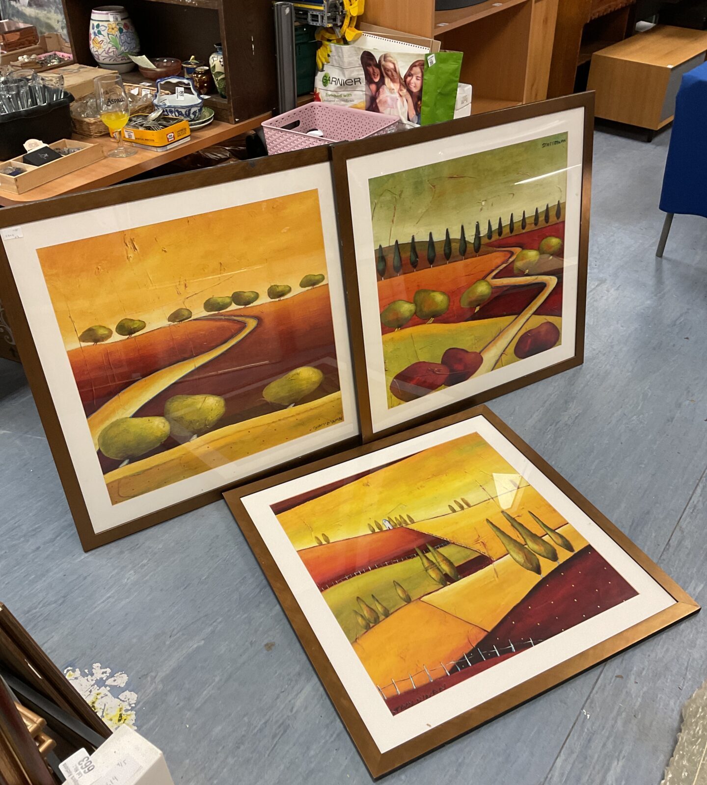 Three large framed stacy dynan abstract landscape prints