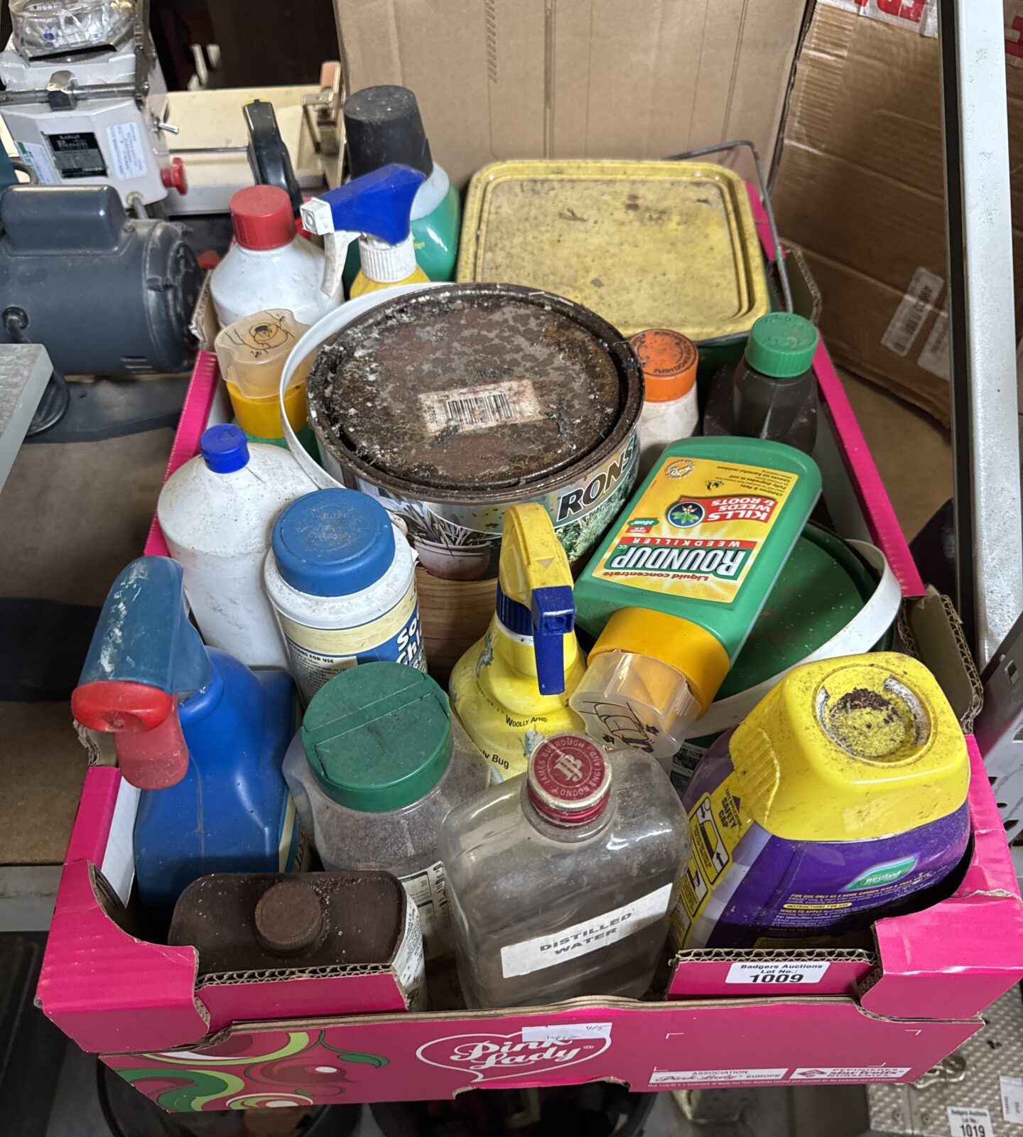 Tray of mixed shed clearance chemicals
