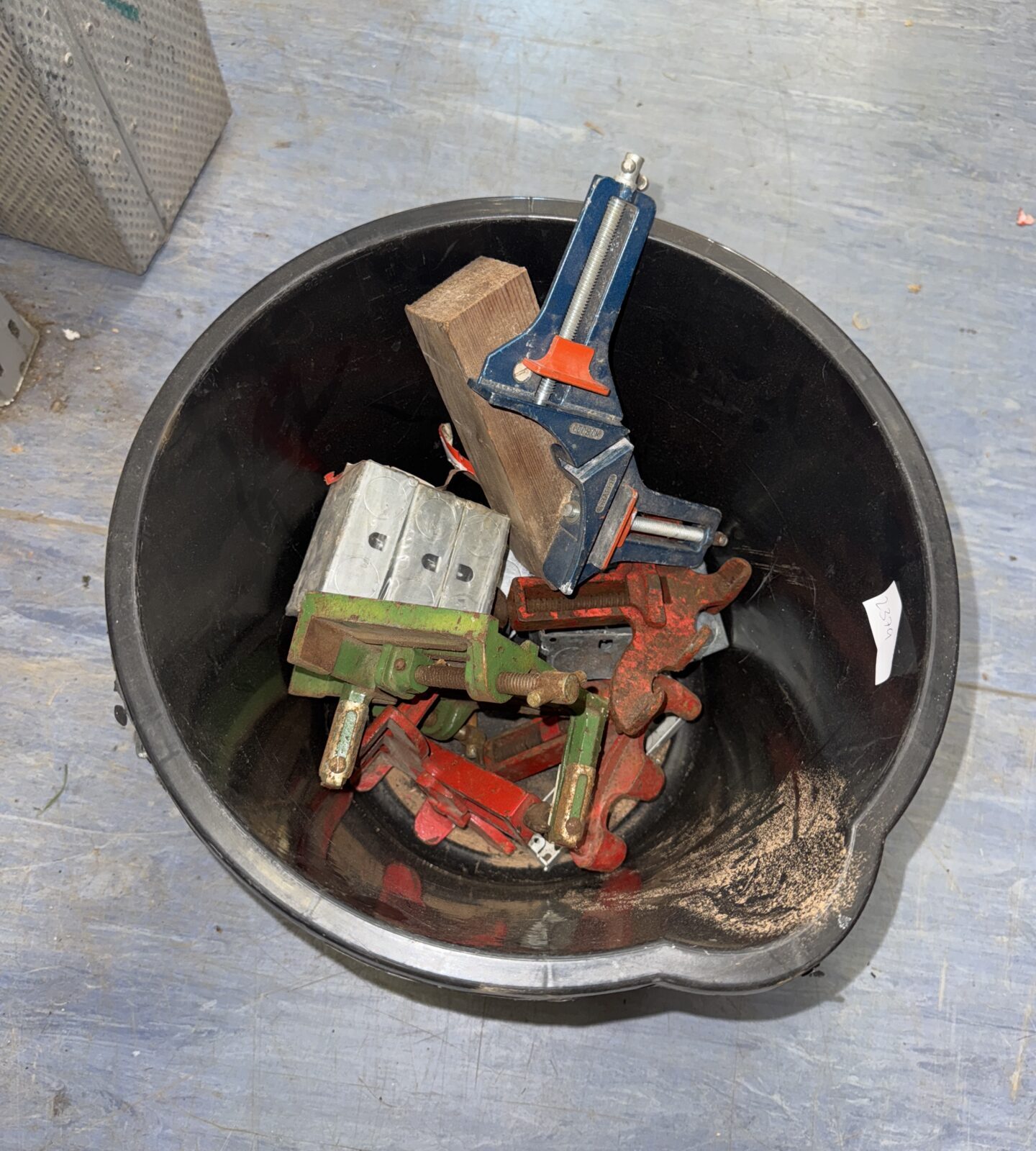 Bucket of assorted clamps & other hardware