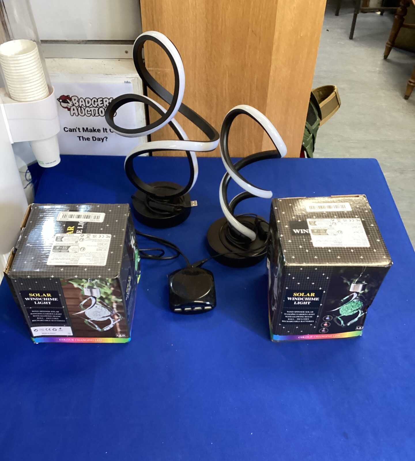 Two solar powered windchime lights, two LED USB strip light table lamps & USB 4 port device