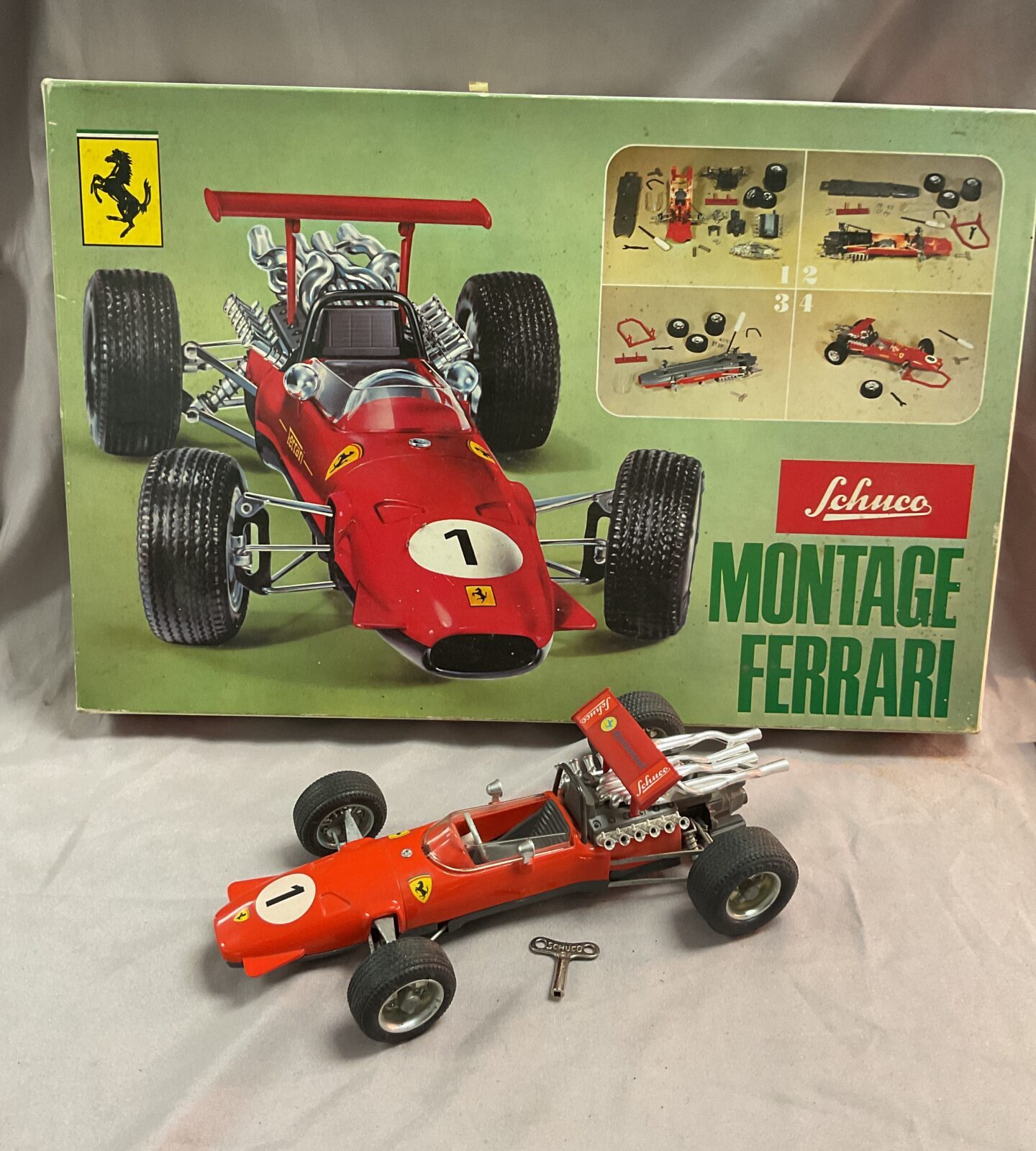 Vintage Schuco Montage Ferrari F2 Clockwork Race car in Original Box