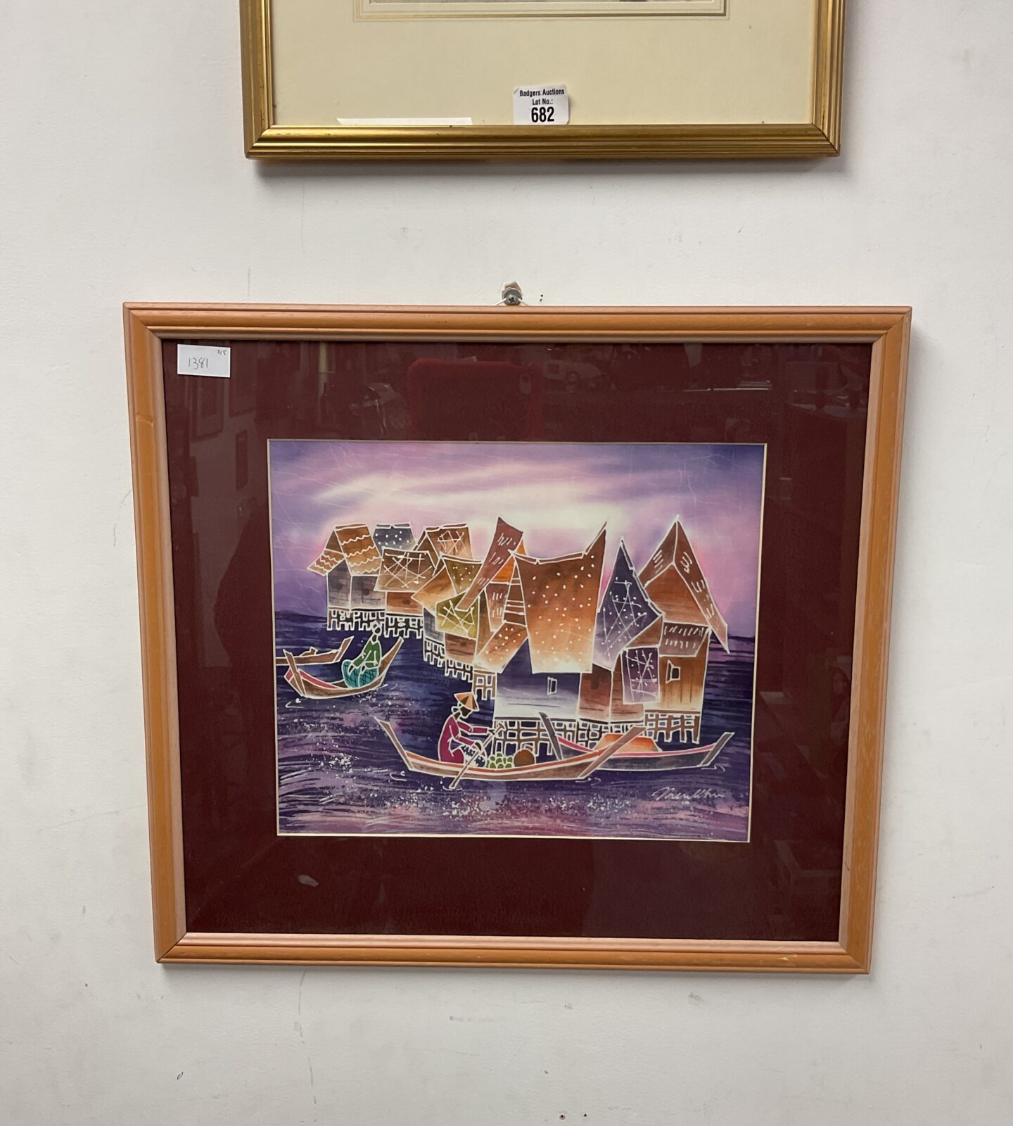 Asain print on silk of fishing villiage on stilts