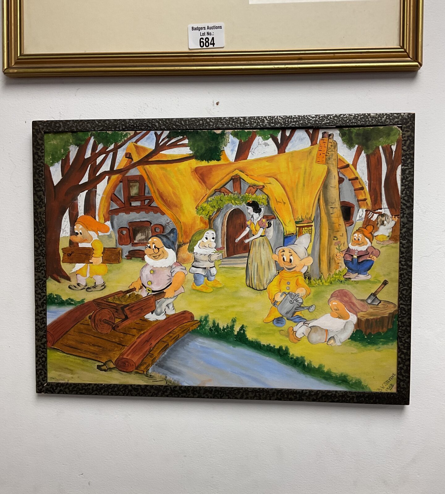B w stevens 1942 dated watercolour of snow white & the seven dwarfs