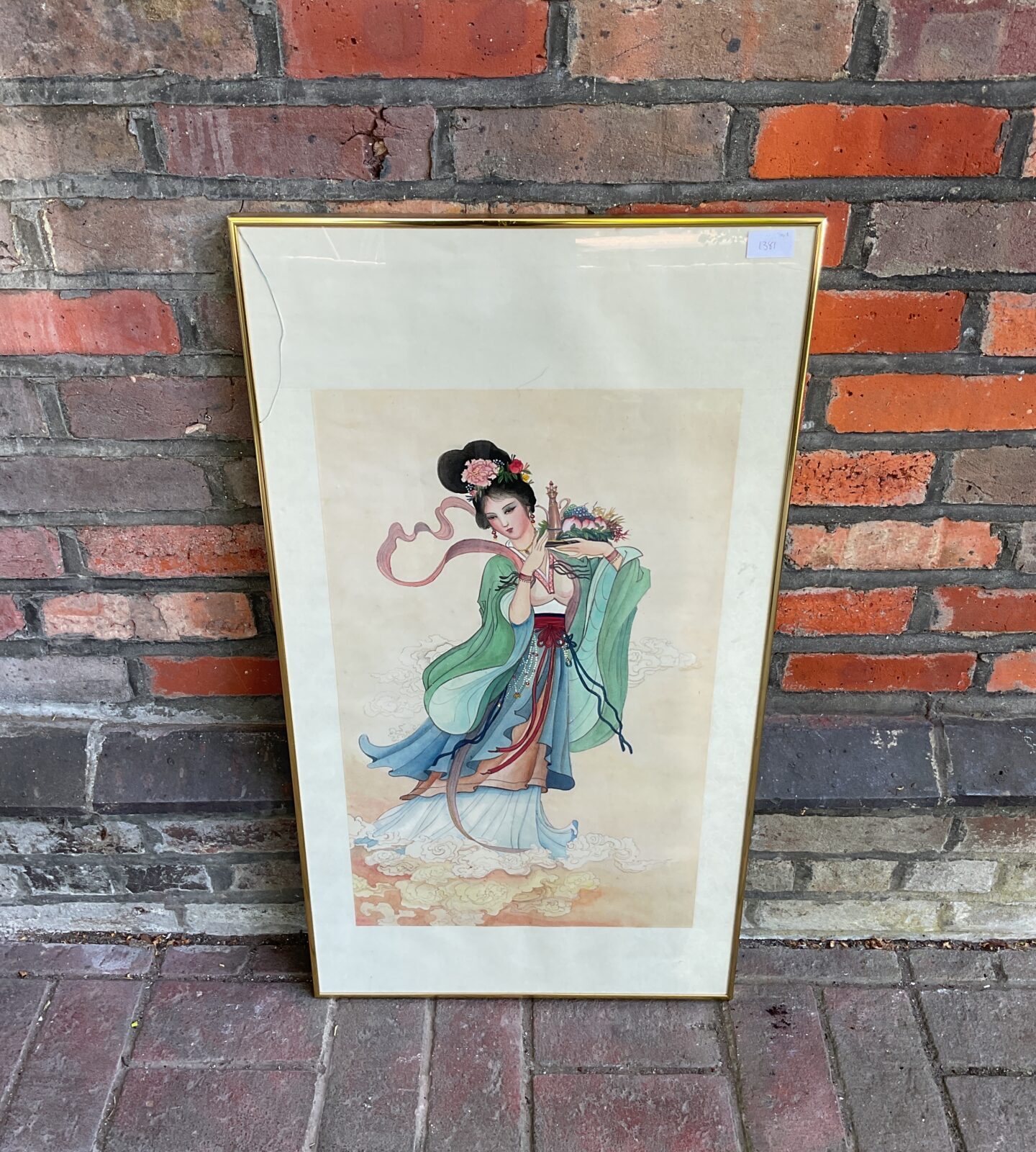 chinese scroll watercolour of a lady in traditional dress with salat of fruit
