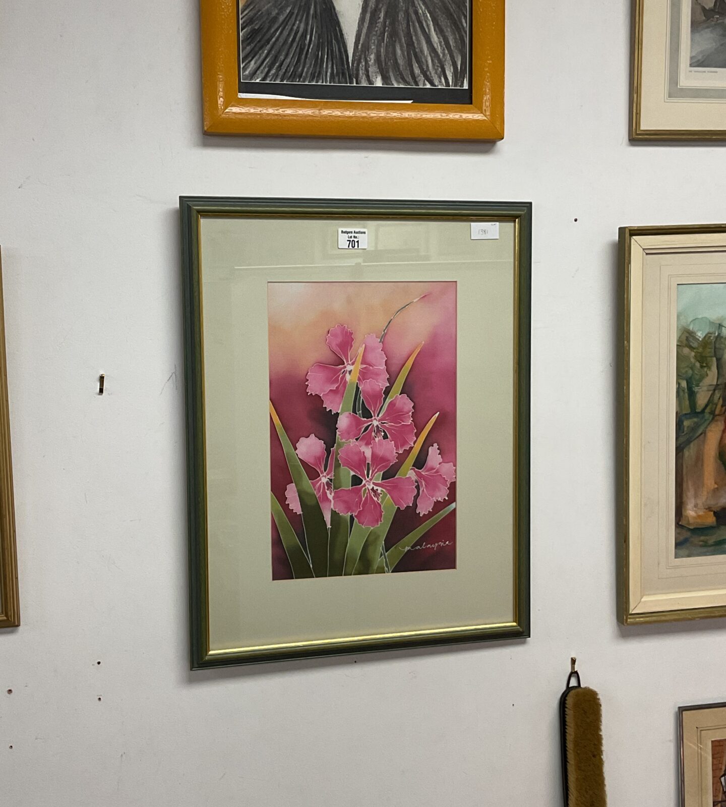 malayna framed watercolour on silk of pink iris flowers