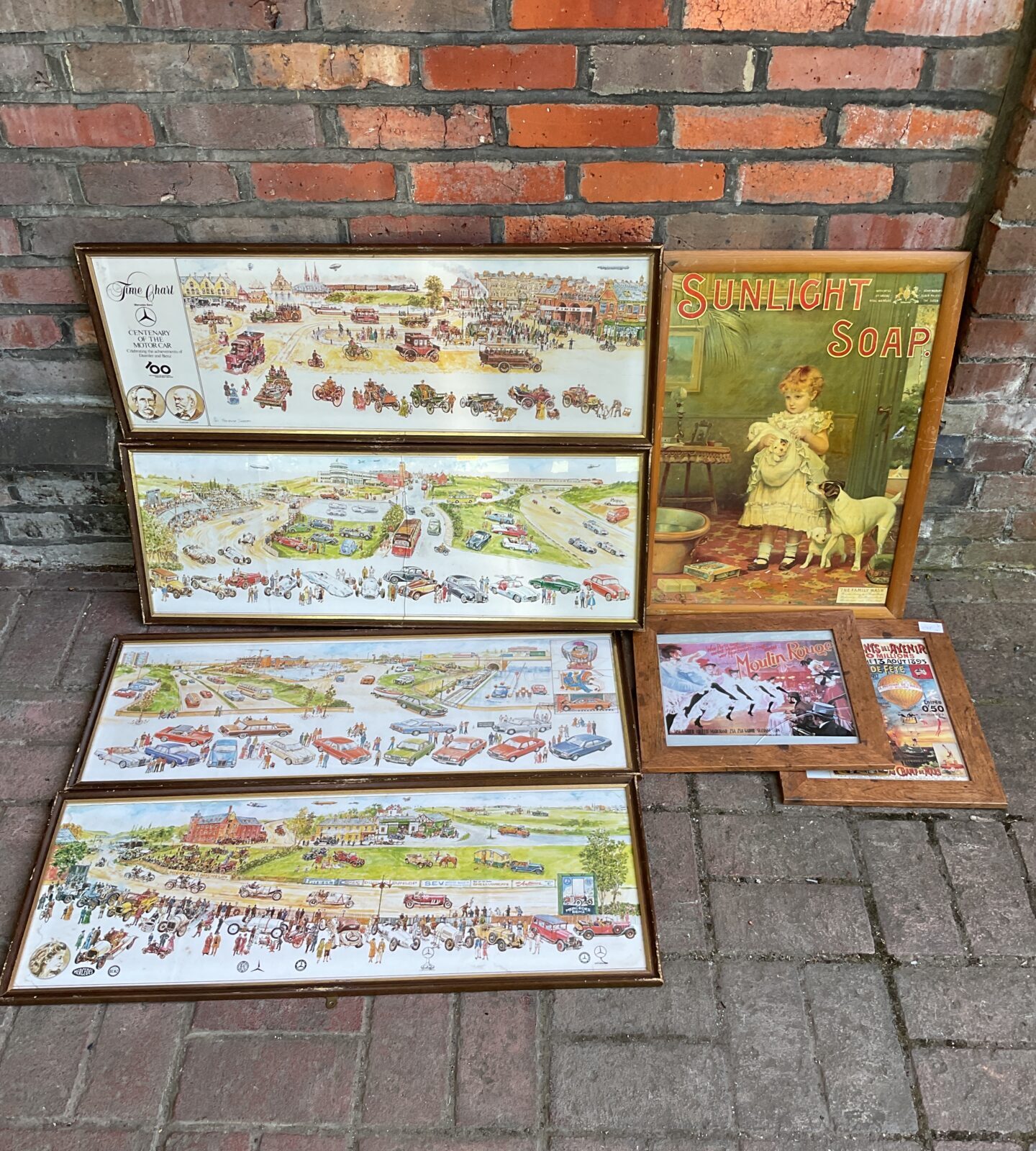 Lot of 7 framed prints including including sunlight soap & mercedes benz prints
