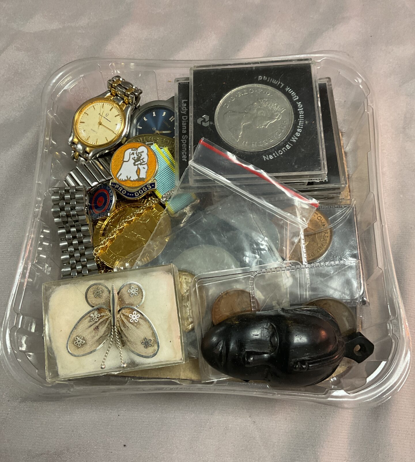 Tray Mixed inc coins and watches