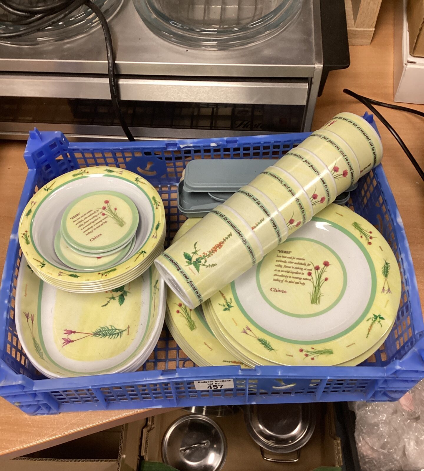Set of melamine ware picnic plates, bowls & cups