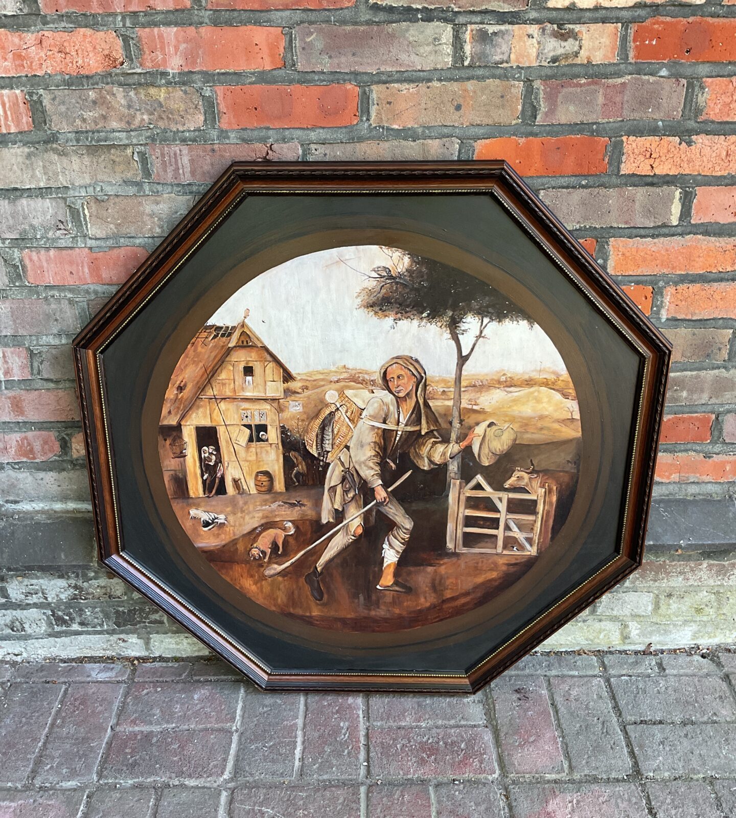 Large oil painting copy of Hieronymus Bosch circa 1500 titled the wayfarer