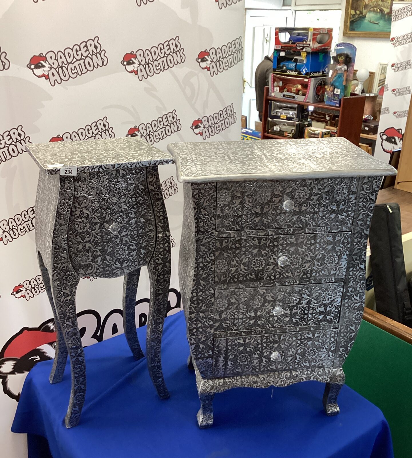 Metal embossed Bedside Table and Cabinet