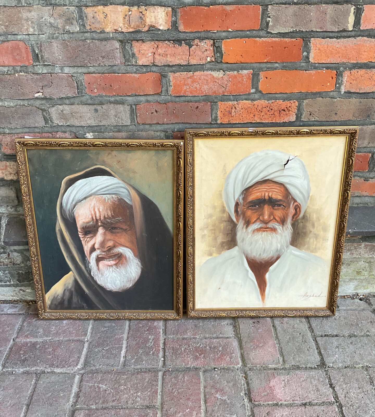 Pair of original oil paintings of Middle Eastern gentleman one damaged & signed arshad