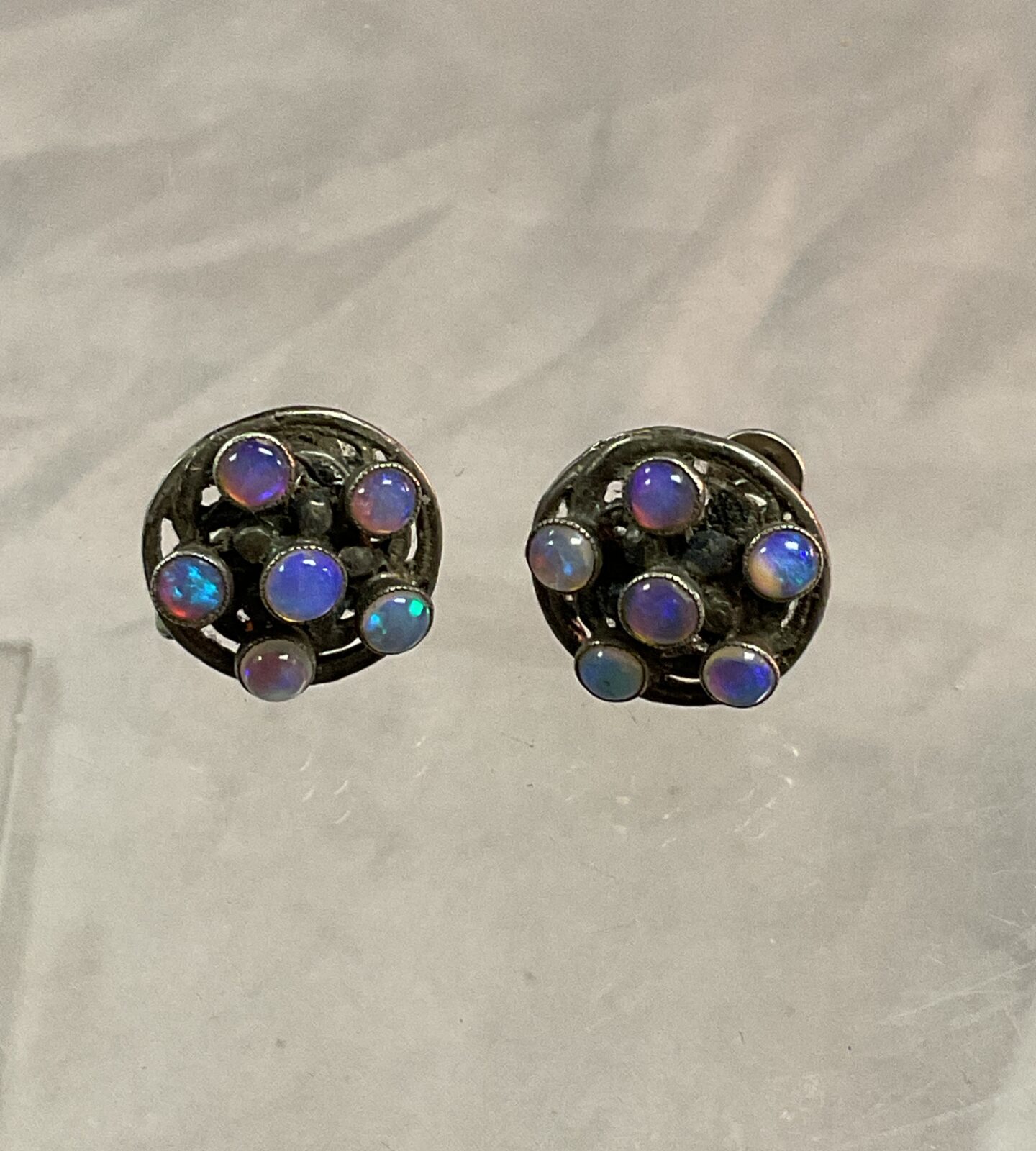 Pair Whitemetal Opal set screw clip earrings