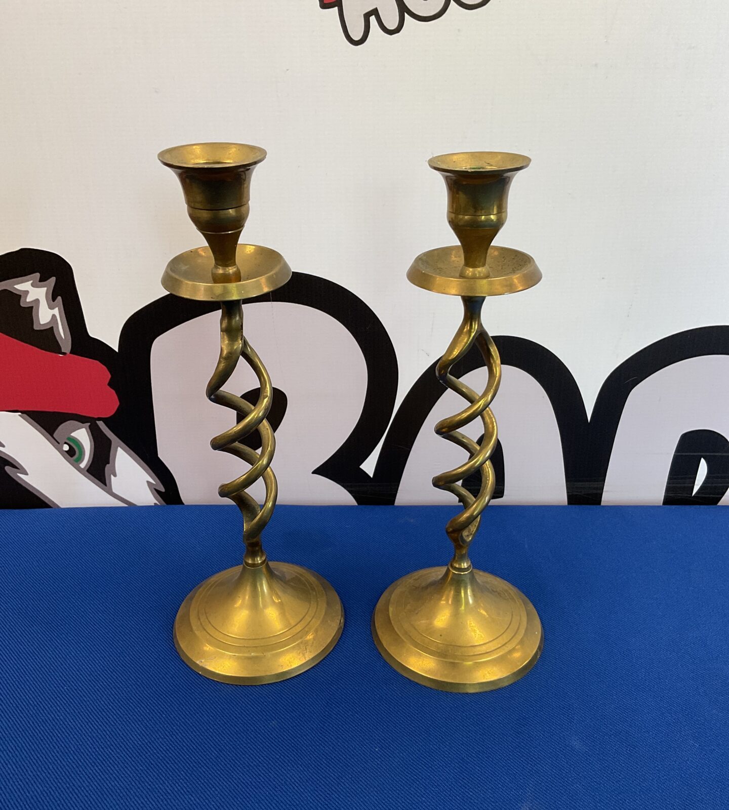 Pair of brass twist stem candlesticks