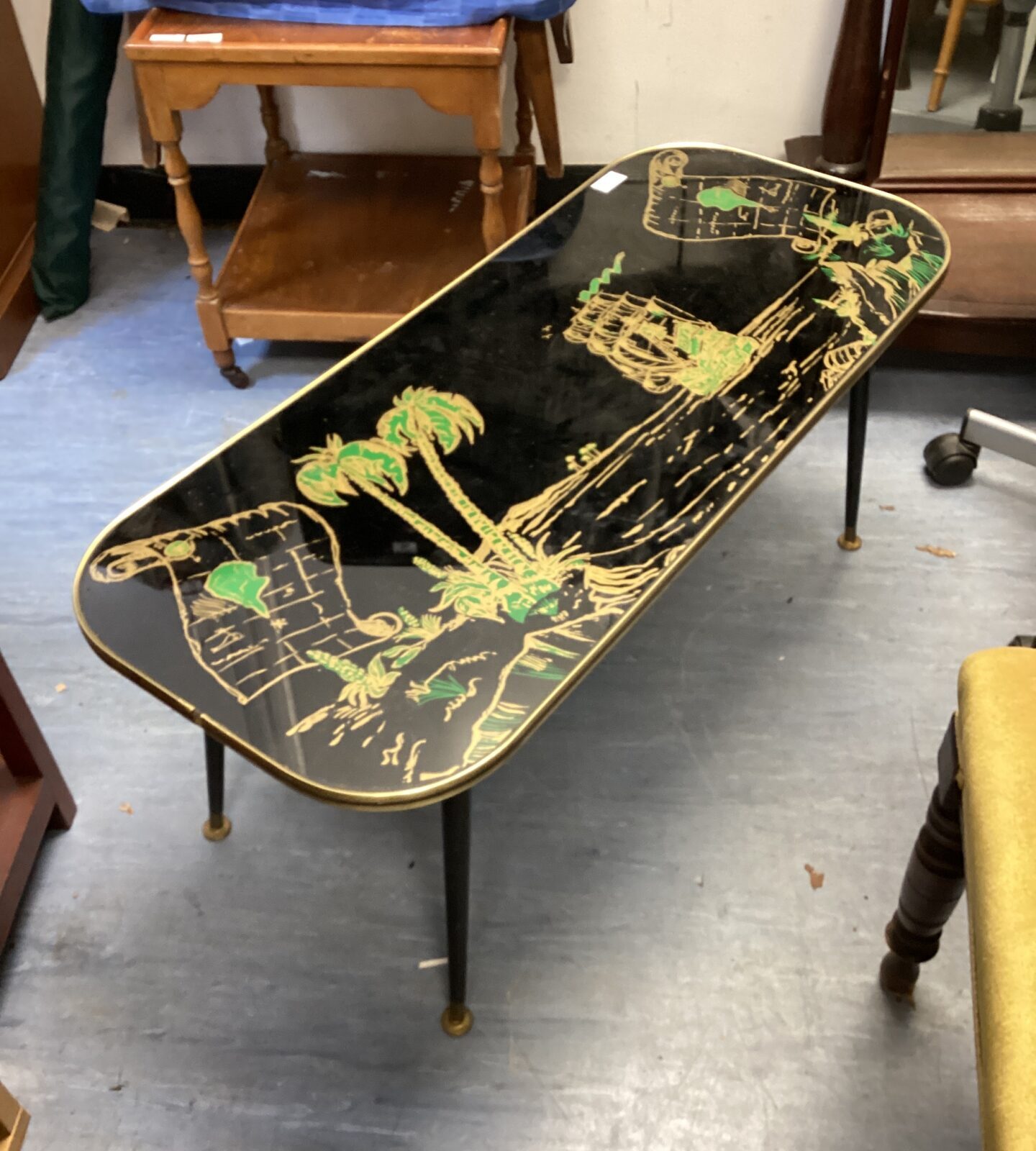 1960s glass topped galleon scene coffee table