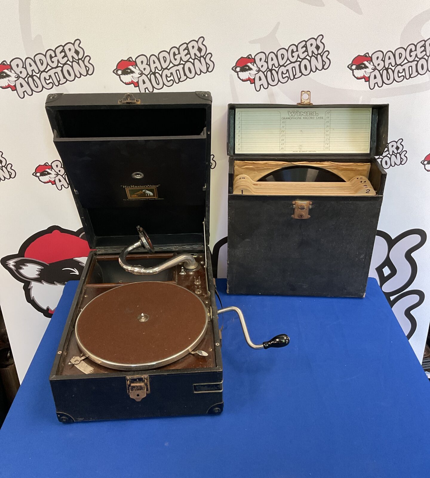 Hmv his masters voice gramophone with case of records
