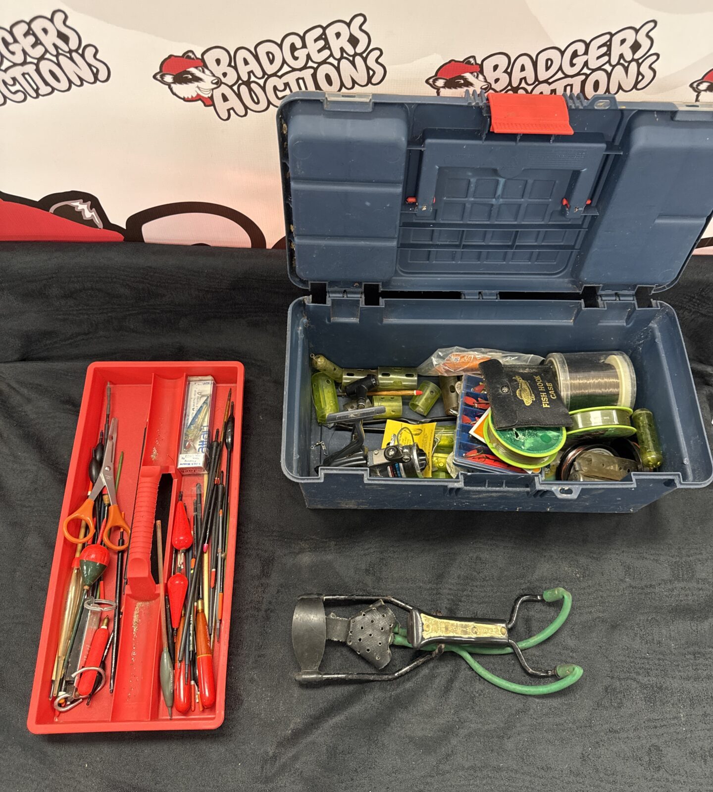Fishing tackle box with contents & a slingshot