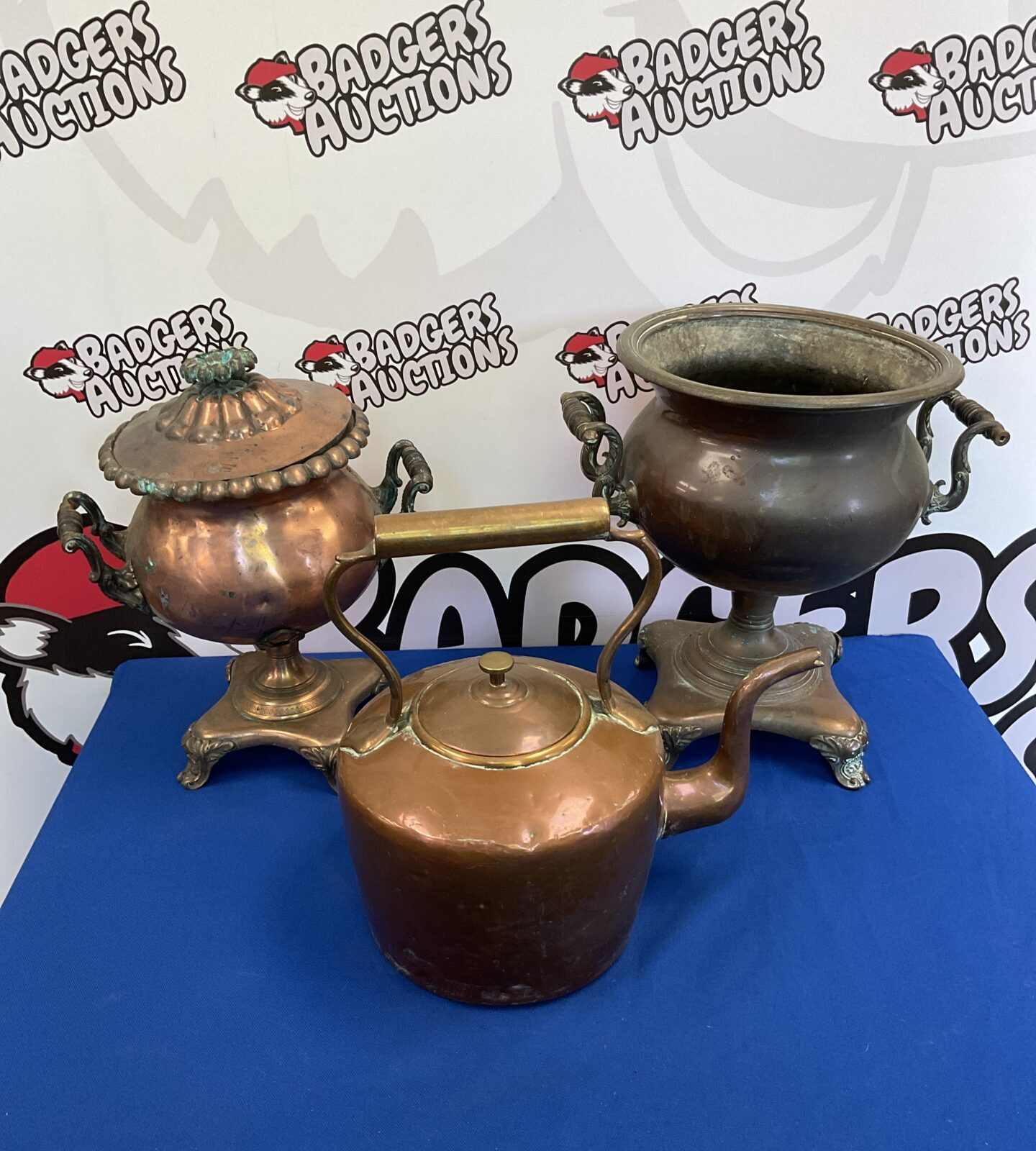 Two antique copper samovars & kettle