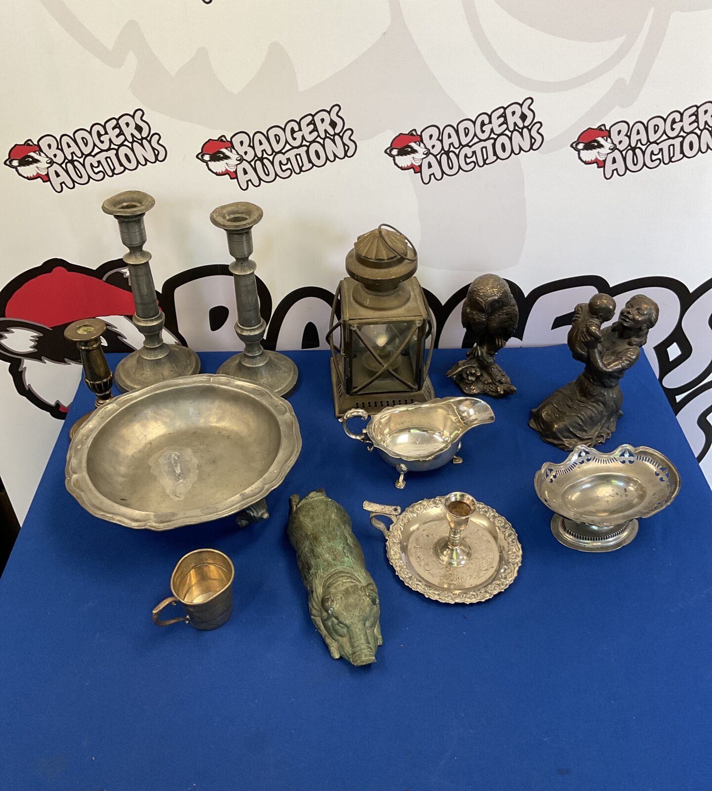 Box of mixed metalware including pewter dosh & brass pig