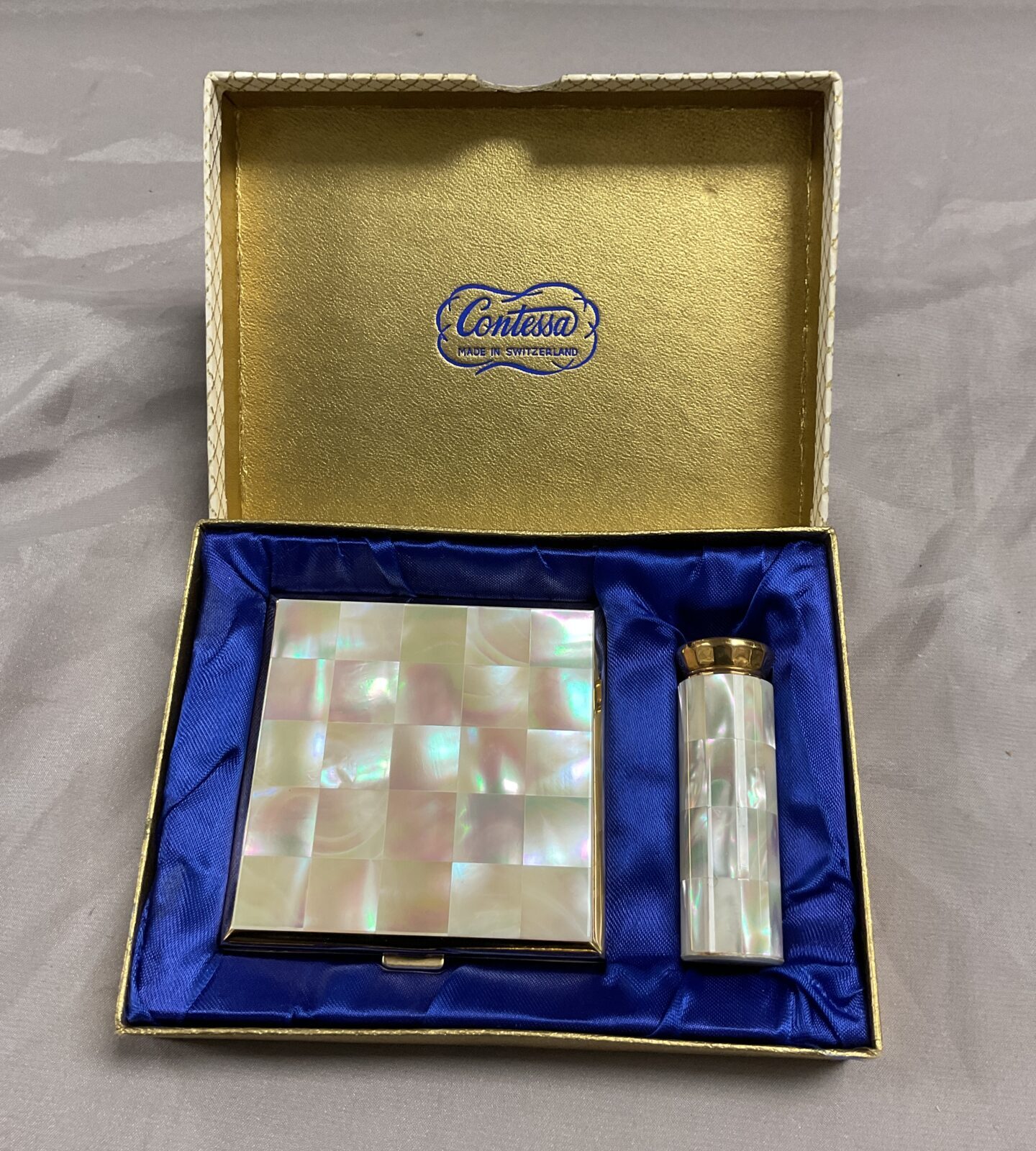 Contessa mother of pearl decorated powder compact and lipstick case