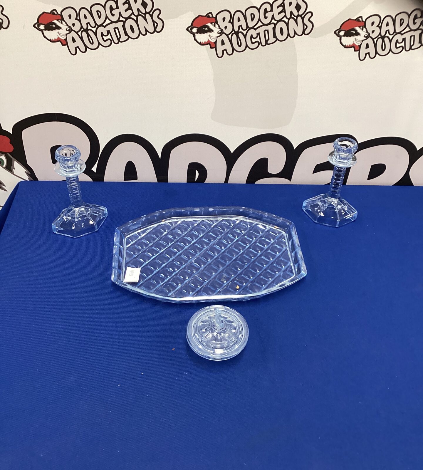Selection of blue glass Dressing table items