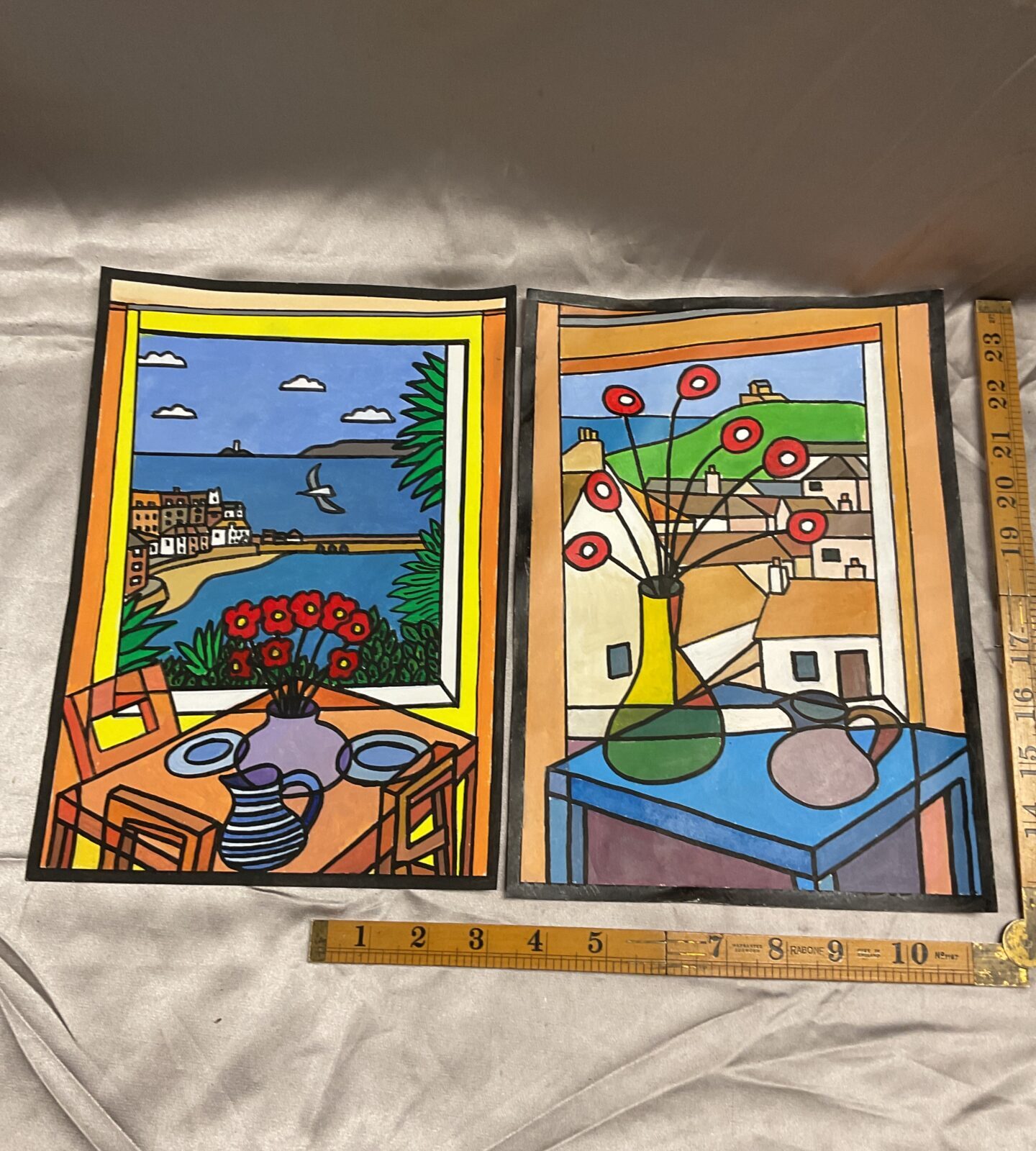 Two tim Treagust acylic paintings,Interior with harbour view st Ives and window on to the island st Ives both signed by artist